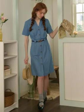 Emely Lapel V-neck Symmetrical Pocket A-line Cotton Dress (No Belt) Open Design