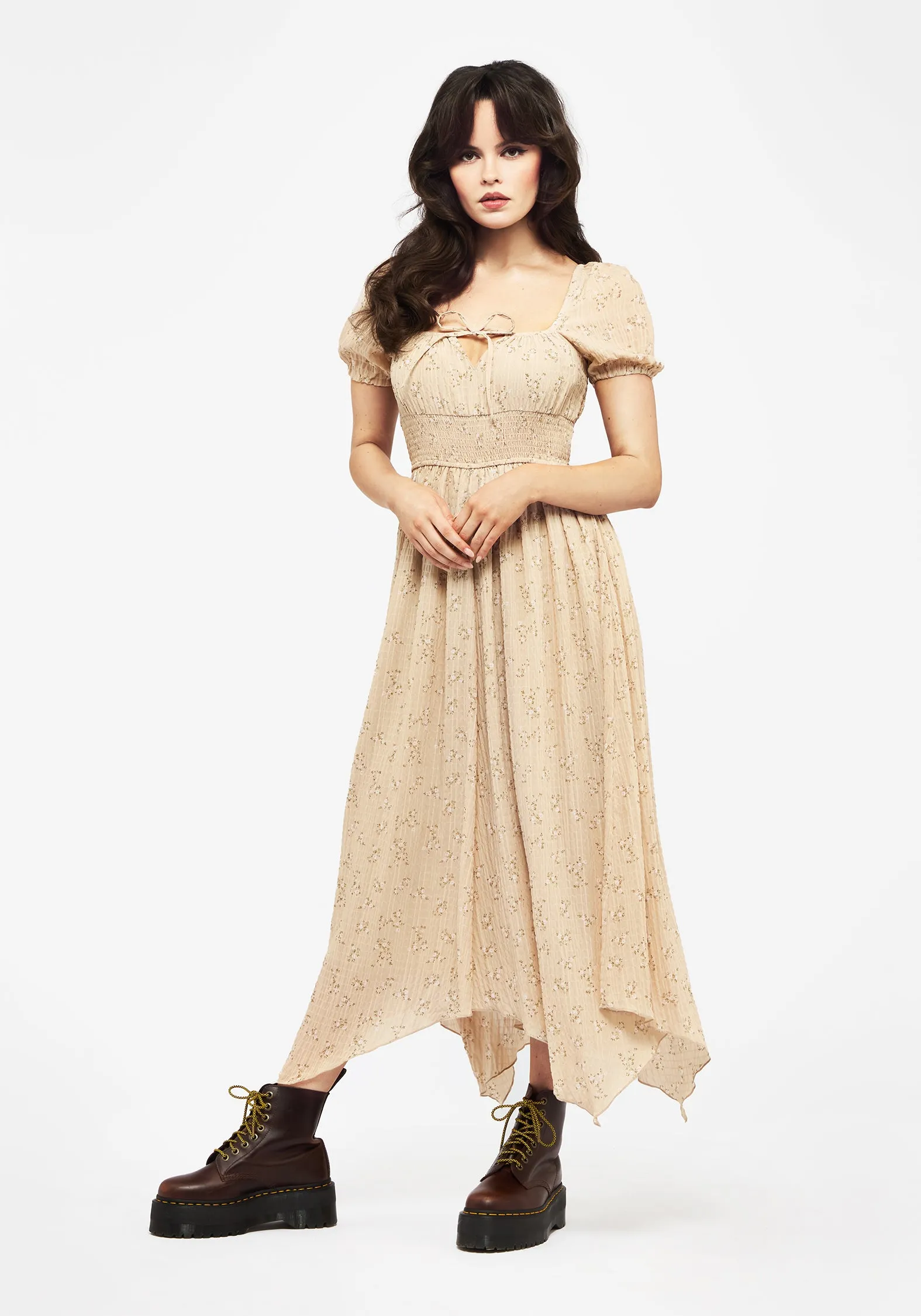 Minimal Details Vibrant Colors Tabitha Floral Print Chiffon Handkerchief Hem Midaxi Dress