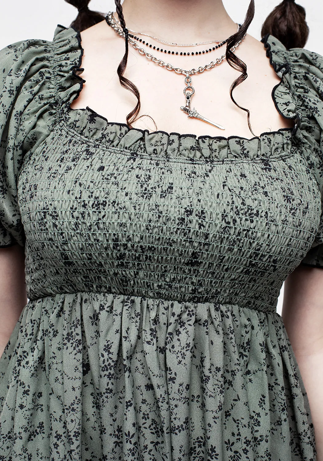 Cassie Green Floral Mini Babydoll Dress Relaxed and Effortless Detachable-Detail