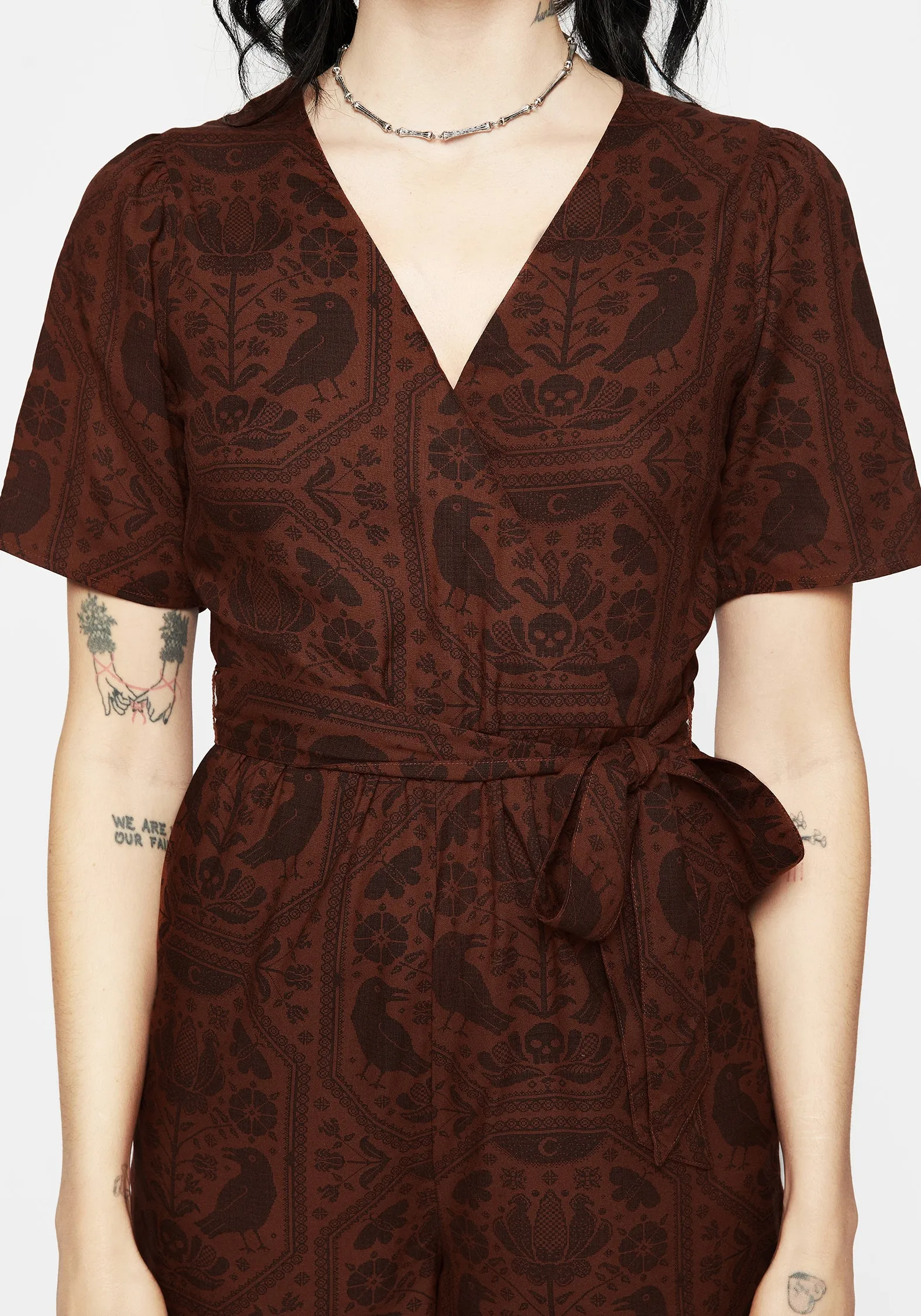 Soft Motion Annabel Raven Print Tie Waist Playsuit - Rust