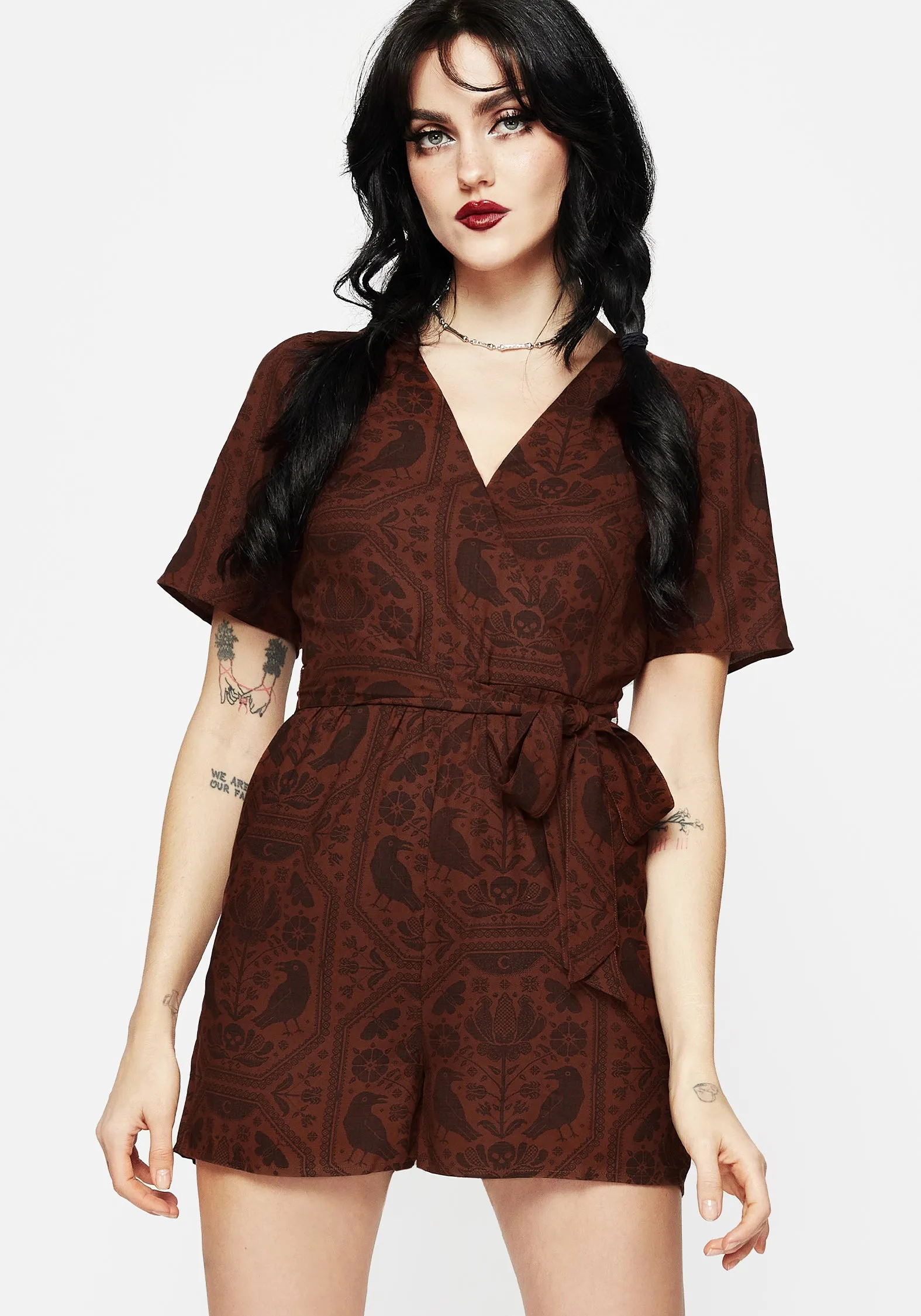 Multi Purpose Annabel Raven Print Tie Waist Playsuit - Rust