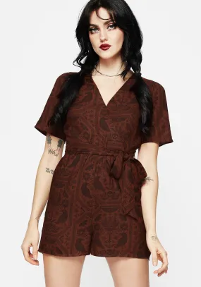 Multi Purpose Annabel Raven Print Tie Waist Playsuit - Rust
