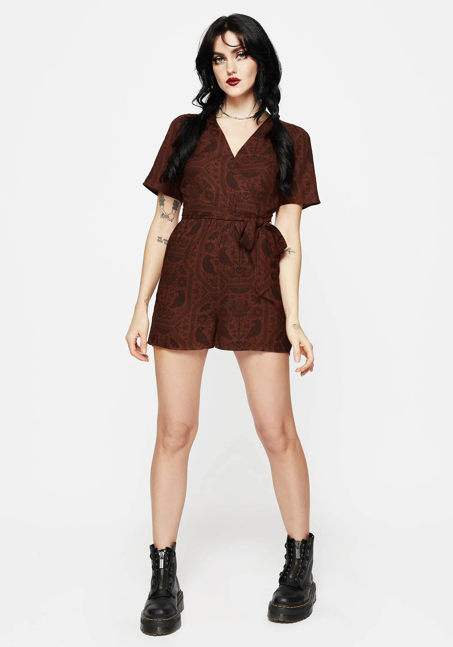 Annabel Raven Print Tie Waist Playsuit - Rust Versatile Eco