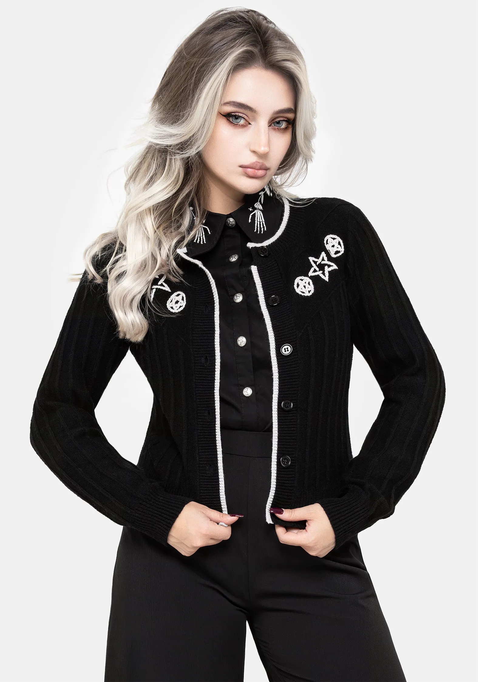 smooth zipper Double Layered Collar Pentagram Embroidered Cardigan