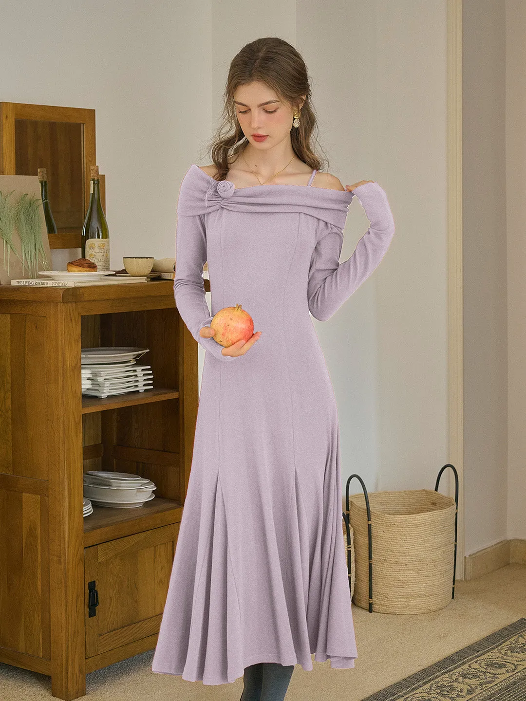 Lucille Elegant Off-Shoulder Rose Mid Dress (with Ribbon)-Purple Birthday-Celebration All-Purpose Wear