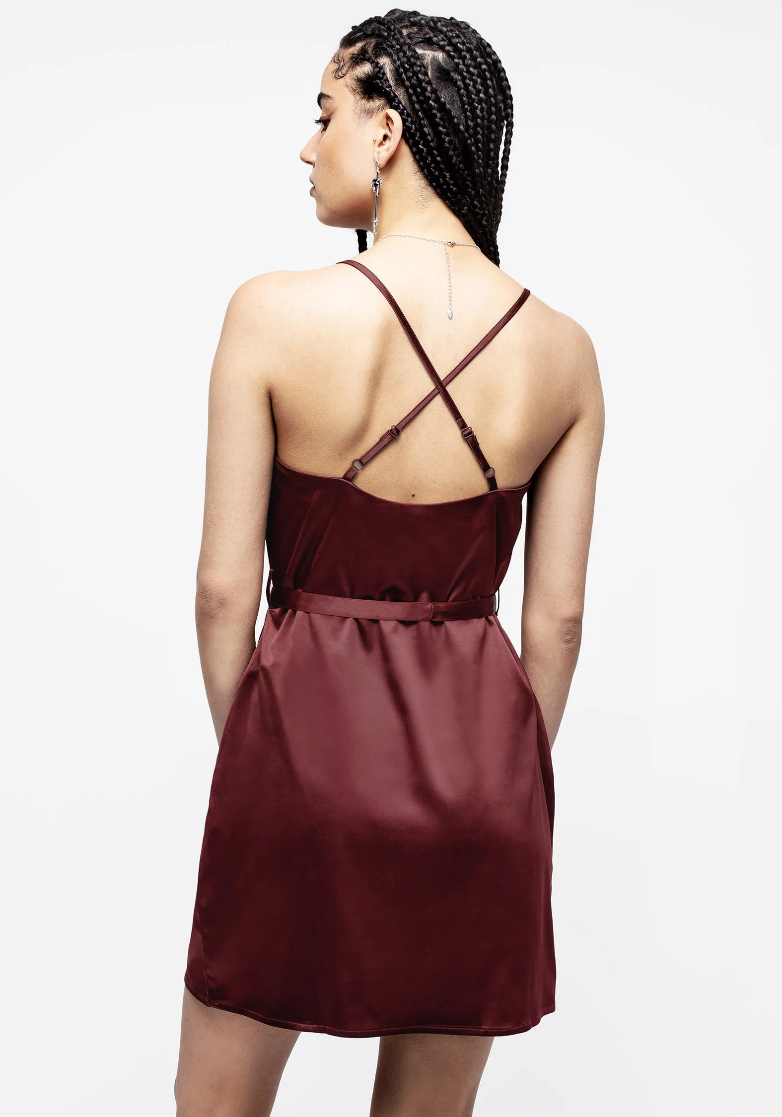 Medeina Cowl Neck Belted Satin Mini Dress - Red Blush Shade Classic knee-length dress