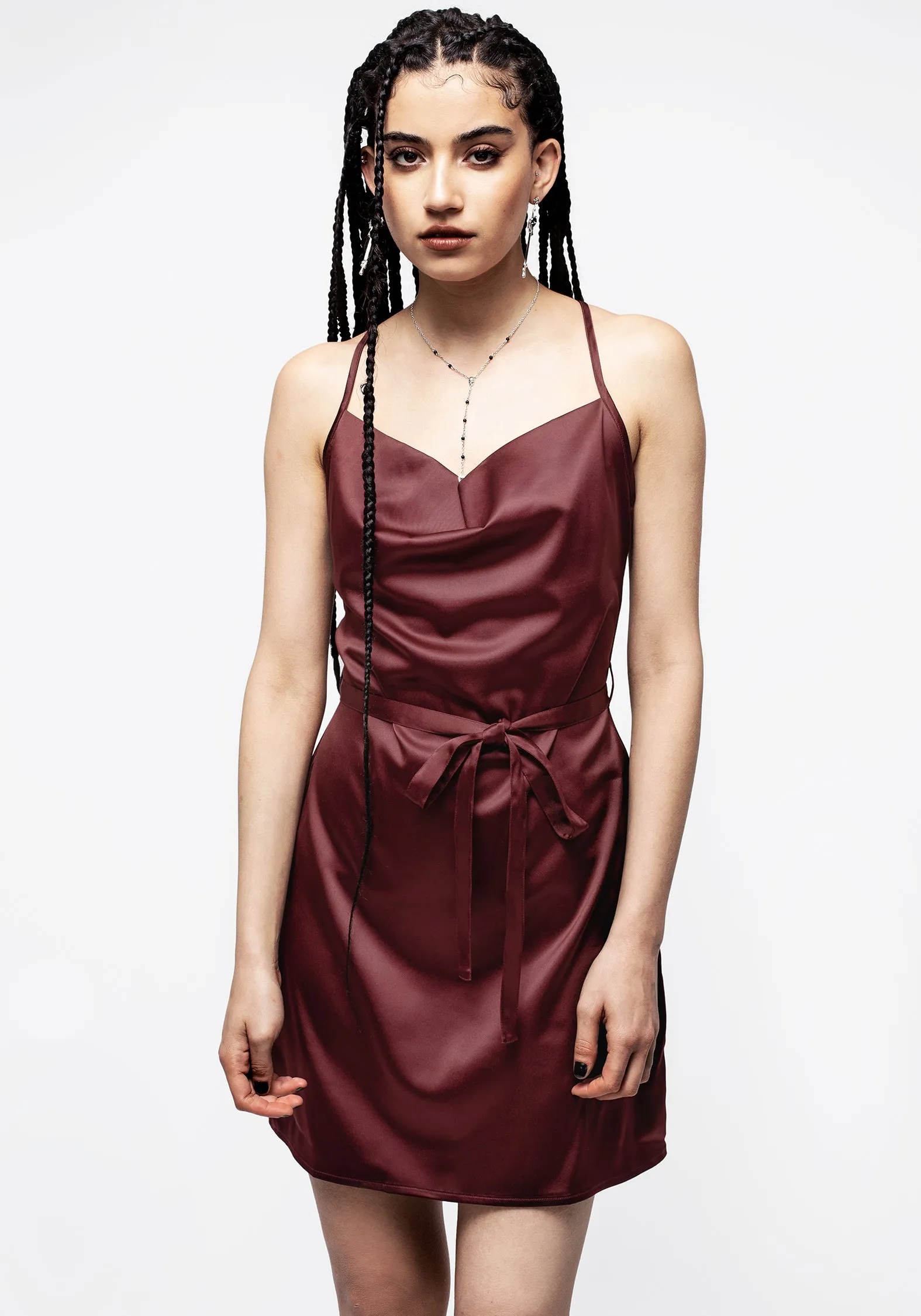 Pure Aesthetic Bow Soft Medeina Cowl Neck Belted Satin Mini Dress - Red