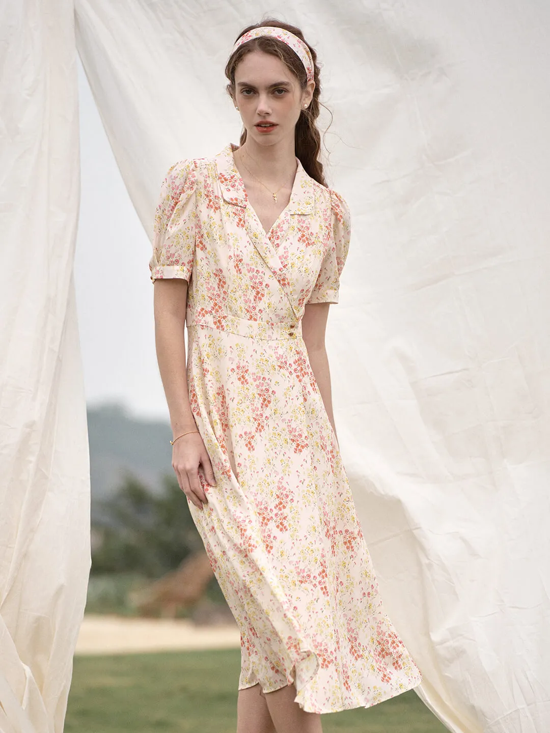 Jewel Tones Water-Repellent-Finish Makenna French Small Lapel Floral Dress