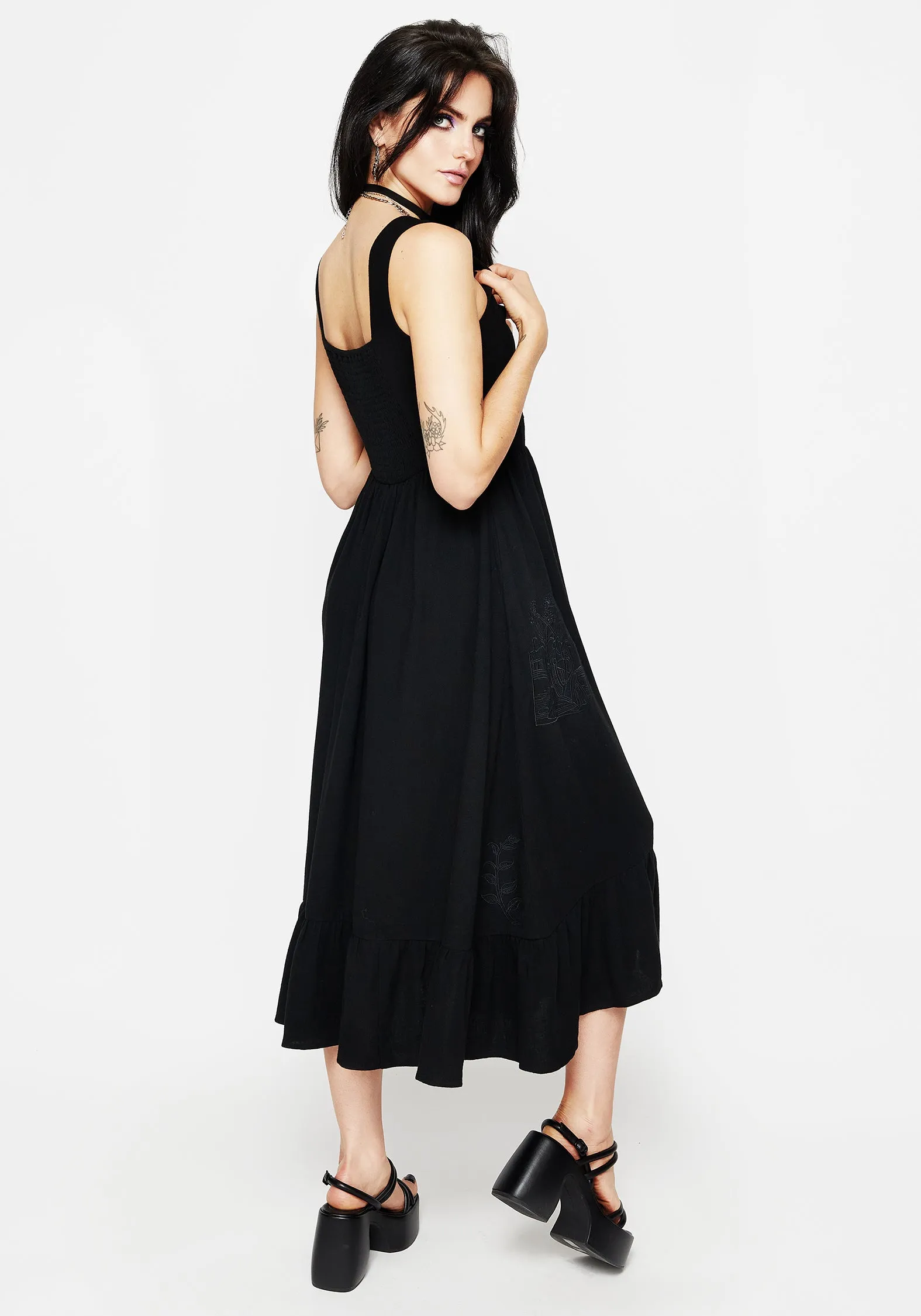 Front-Slit Mandrake Linen-Blend Embroidered Midi Dress