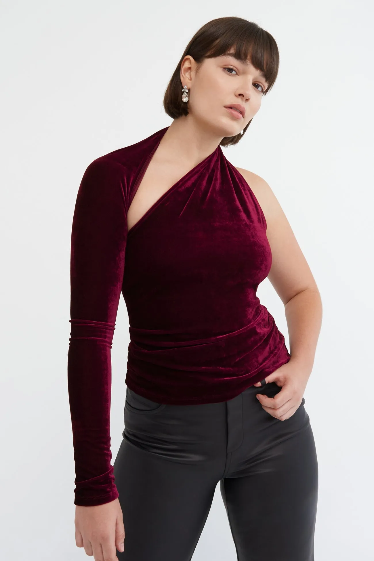 Manhattan Velvet One Shoulder Top SlimFit Stretch Blouse