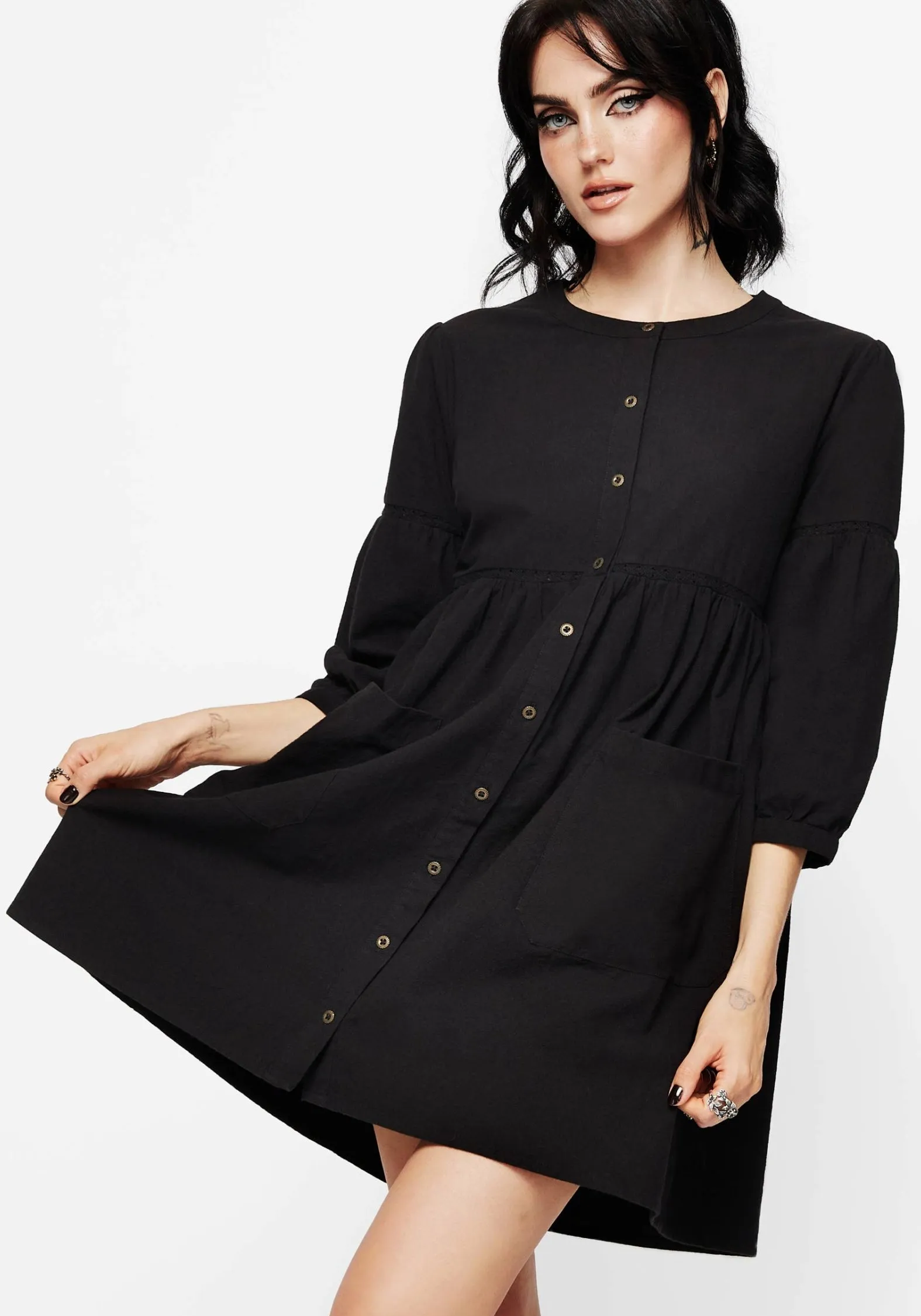 Chic Motion Effortless Style Marigold Cotton Button Up Smock Mini Dress