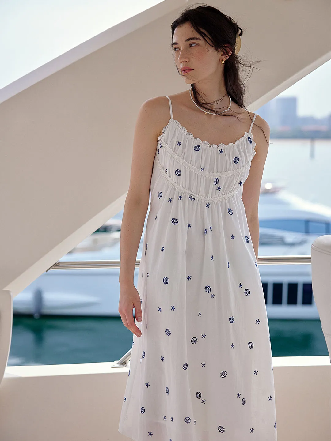 Marina Shell Embroidered Cotton Slip Dress Empire-Waist