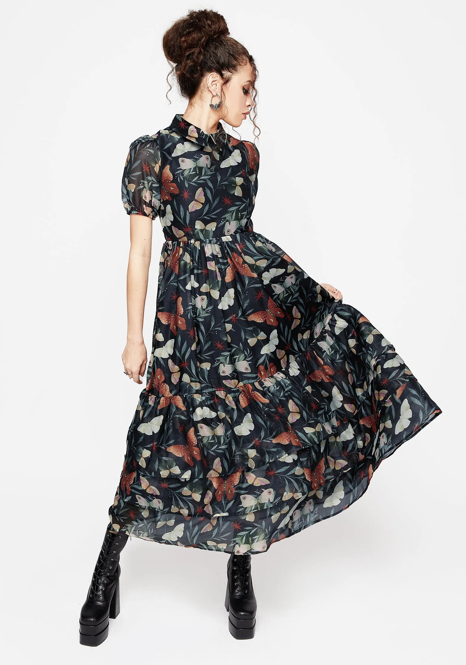 Hemp Glow Mariposa Puff Sleeve Organza Maxi Shirt Dress