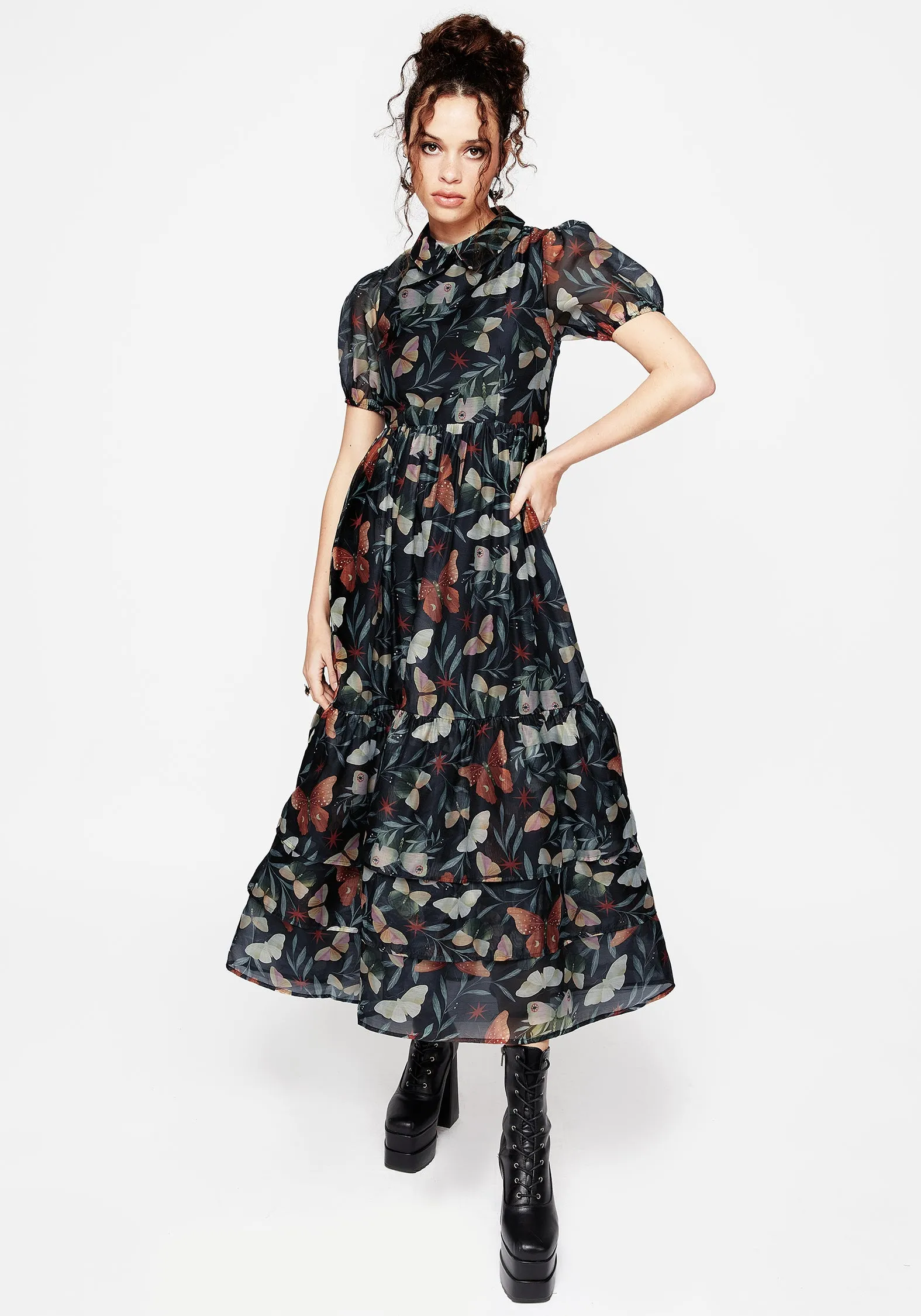 Tactile Feel Fit for All Seasons Mariposa Puff Sleeve Organza Maxi Shirt Dress
