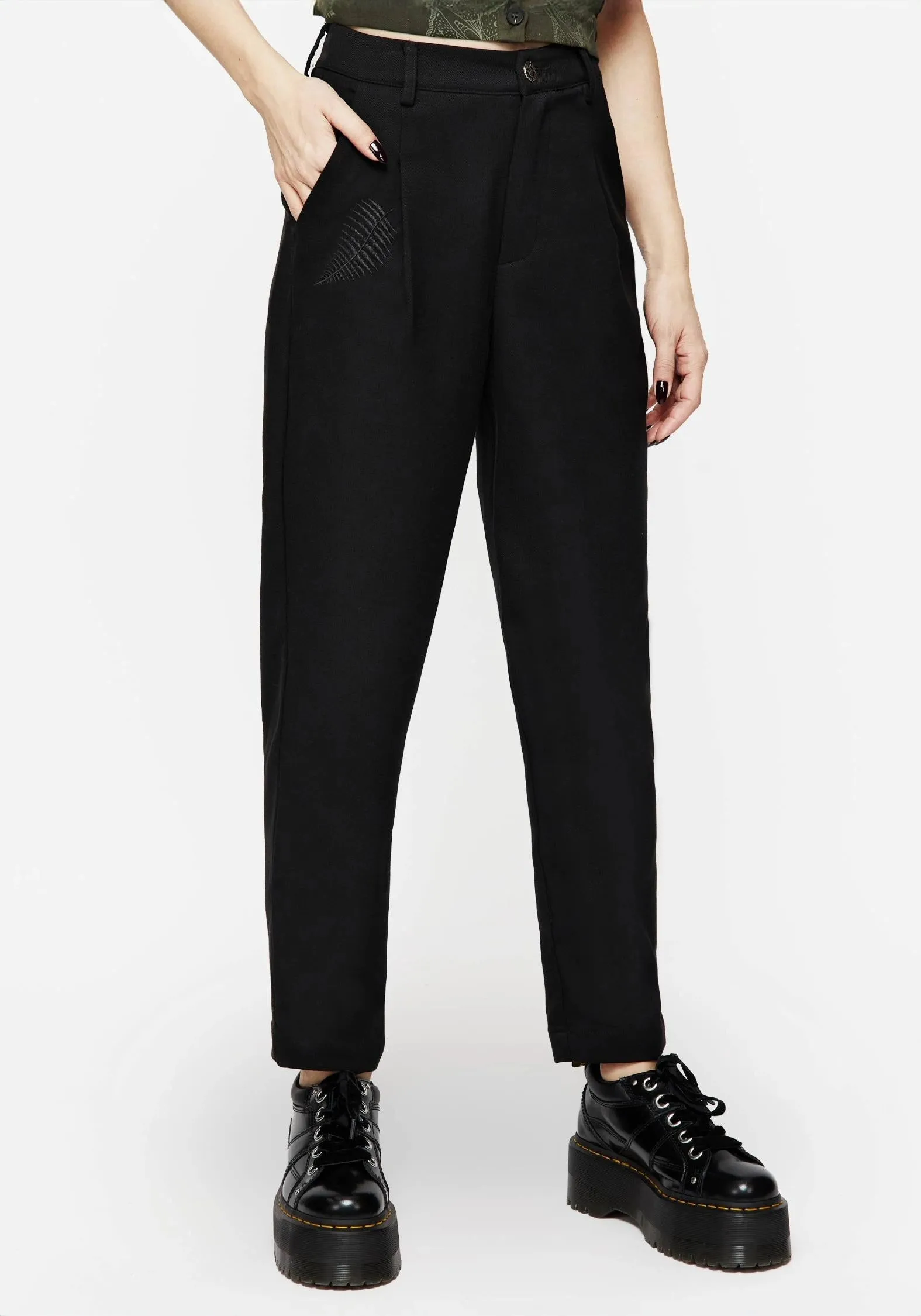 Easy Movement Ripstop Texture Marsilea Fern Embroidered Tapered Tailored Trousers