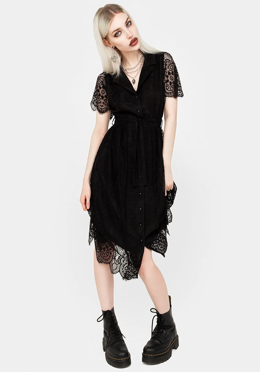 Martyr Collar Lace Midi Shirt Dress Classy Attire A-line midi dress