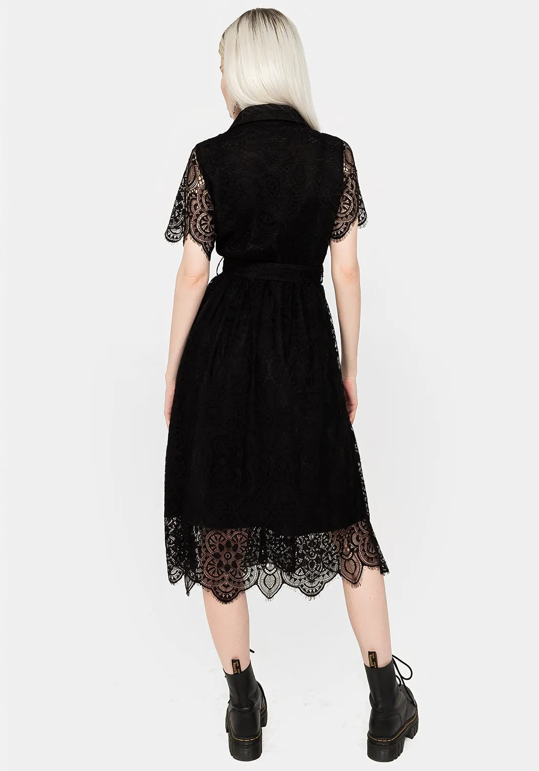 Dressy Yet Comfortable Soft Shine Martyr Collar Lace Midi Shirt Dress