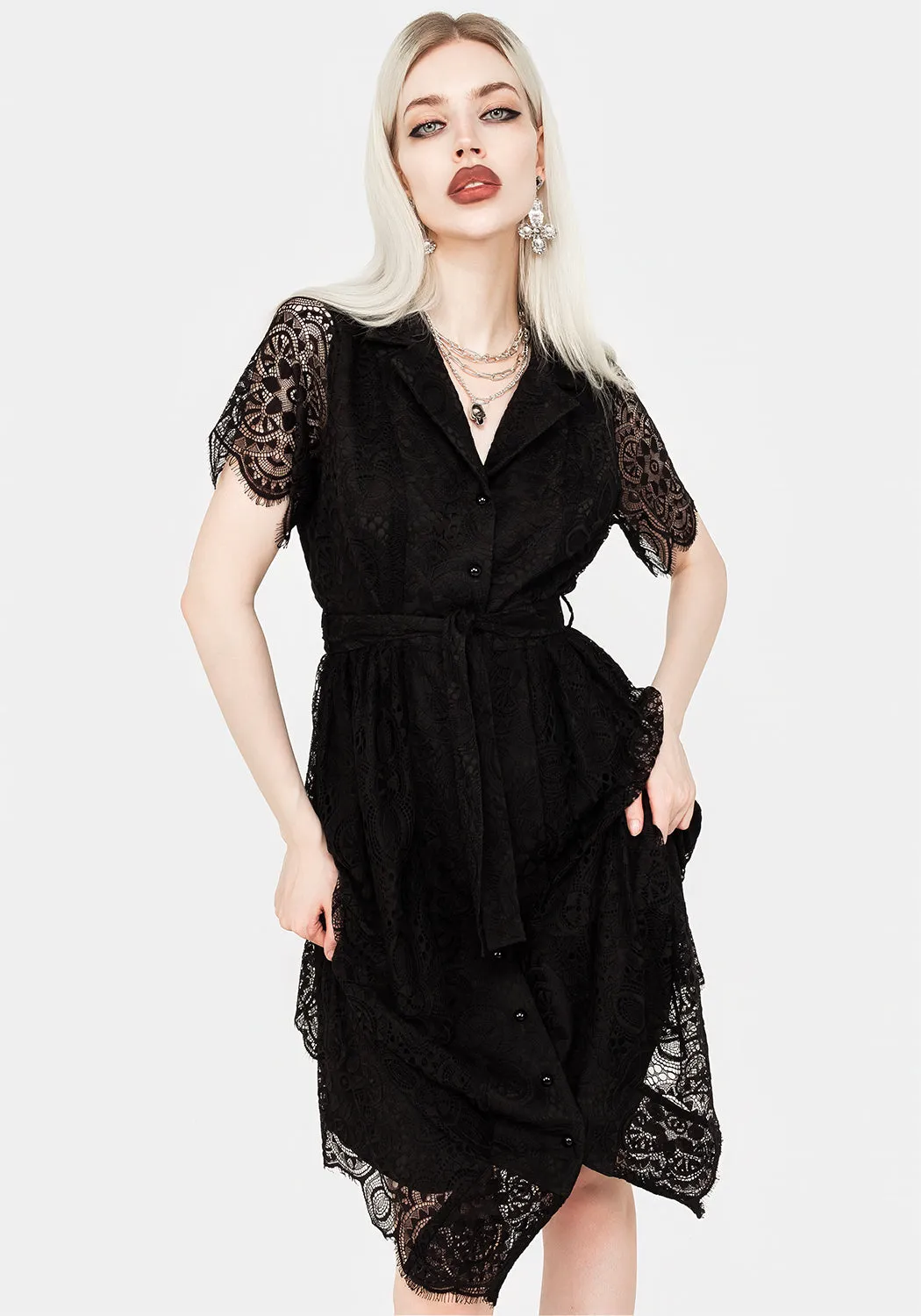 Martyr Collar Lace Midi Shirt Dress Dreamy Look Church Proper