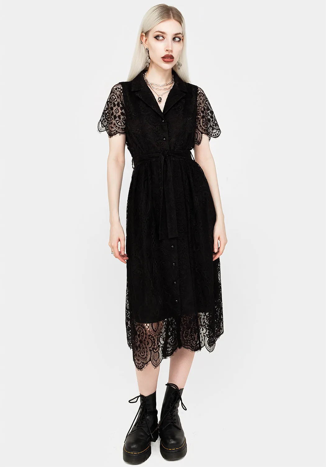 Martyr Collar Lace Midi Shirt Dress Stylish party wear