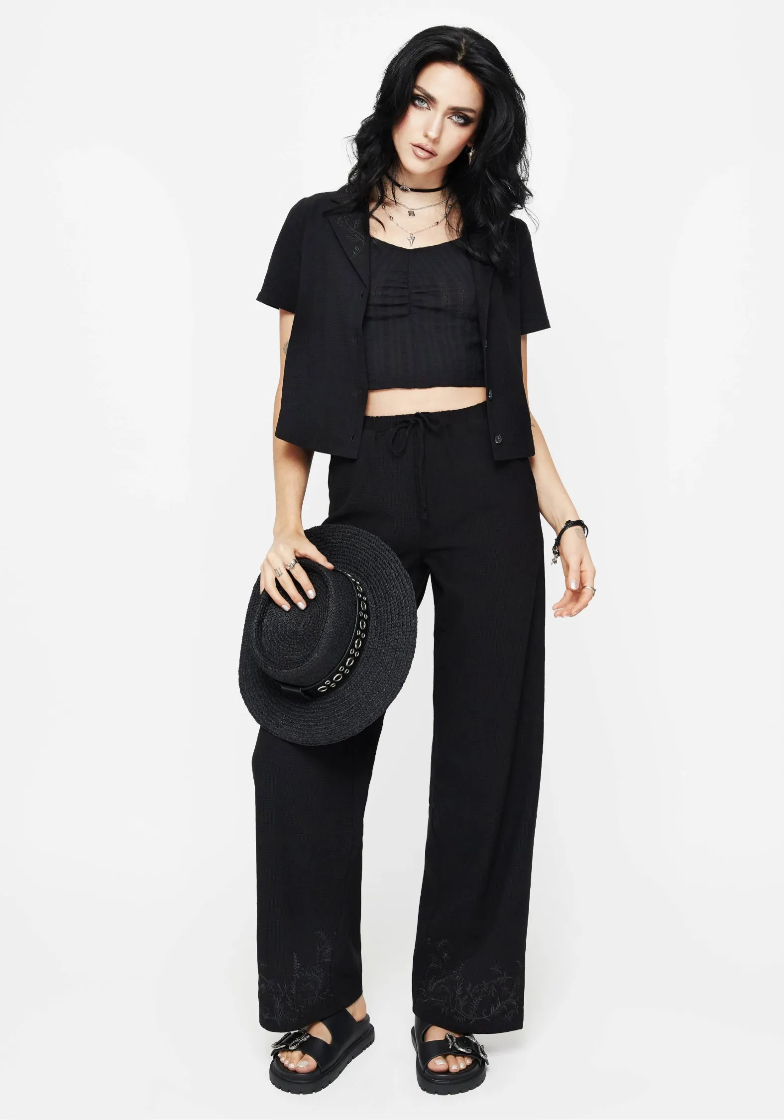 Wrap Front Urban Mood Thorell Embroidered Cotton Wide Leg Trousers