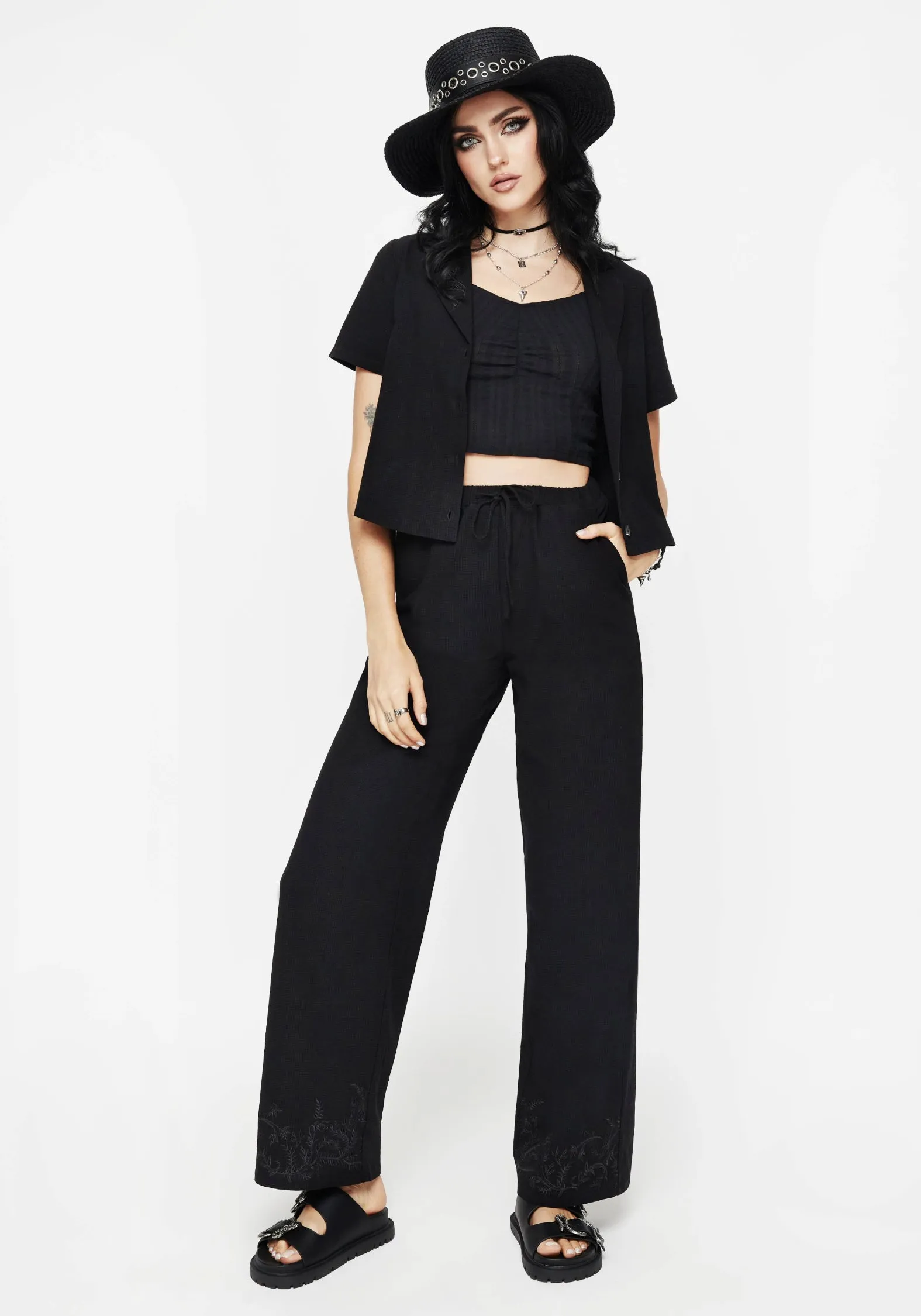Thorell Embroidered Cotton Wide Leg Trousers Cozy Stretch