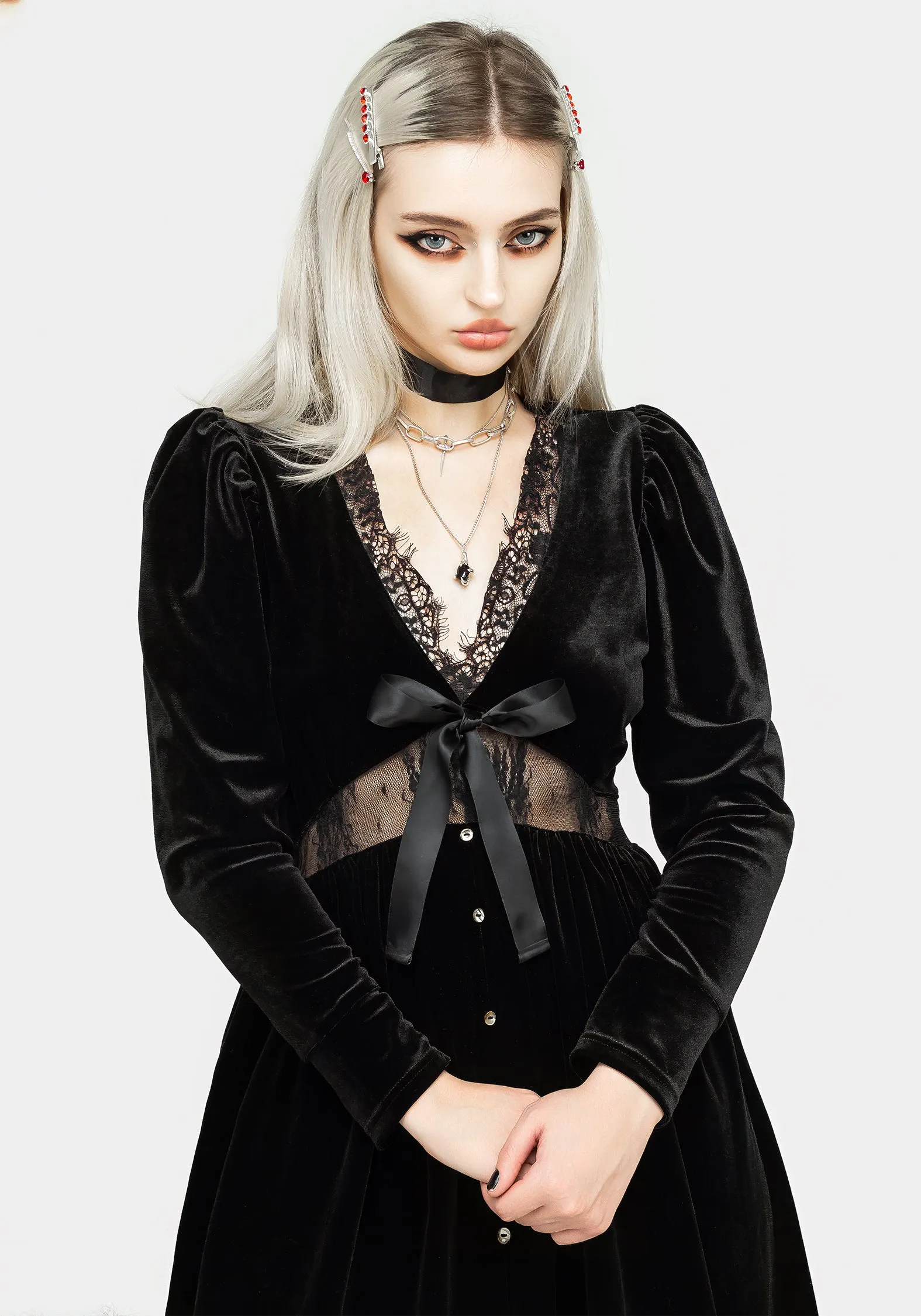 Simplistic Mood Mausoleum Velour Mutton Sleeve Midi Dress