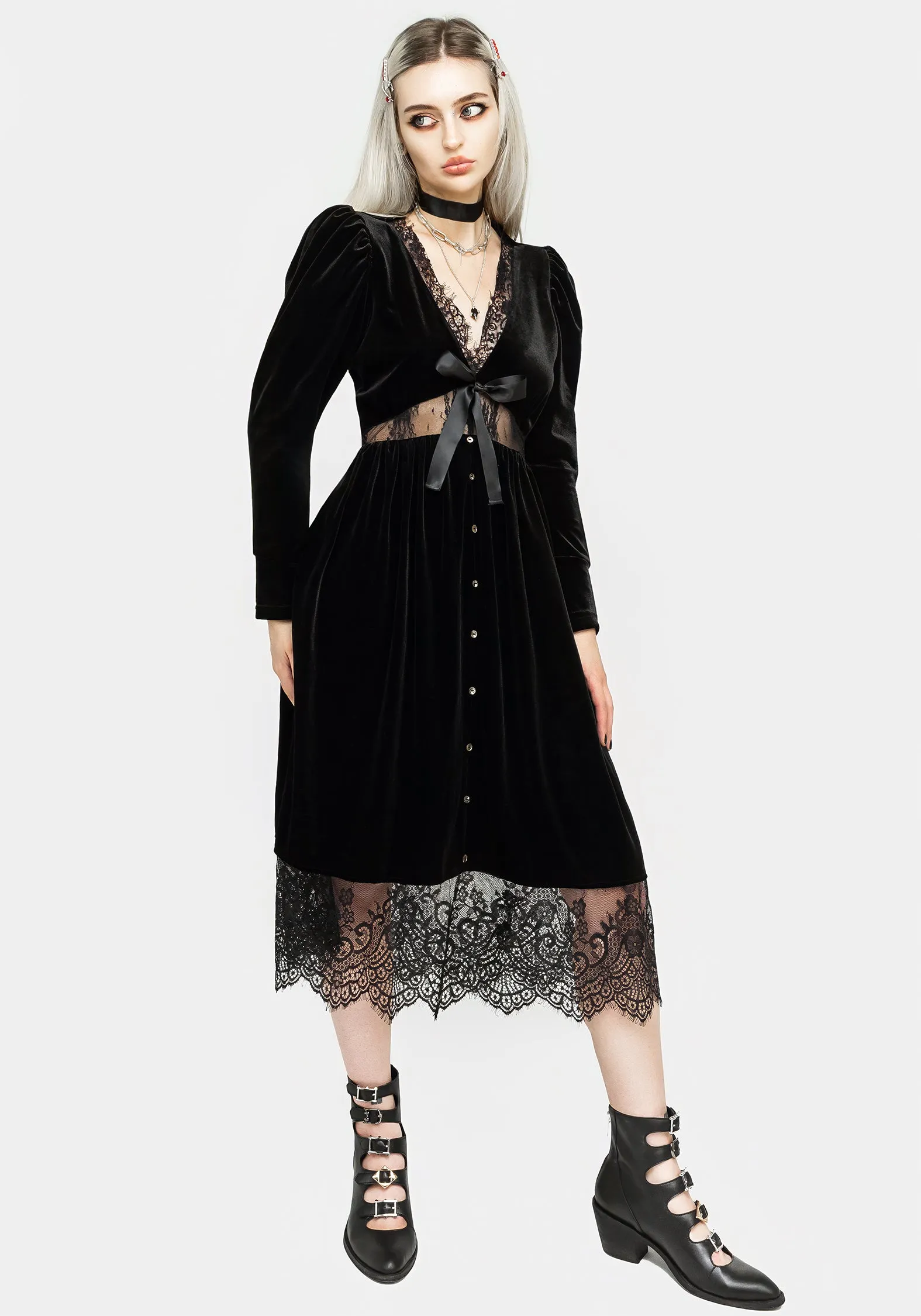 Cap-Sleeve Mausoleum Velour Mutton Sleeve Midi Dress