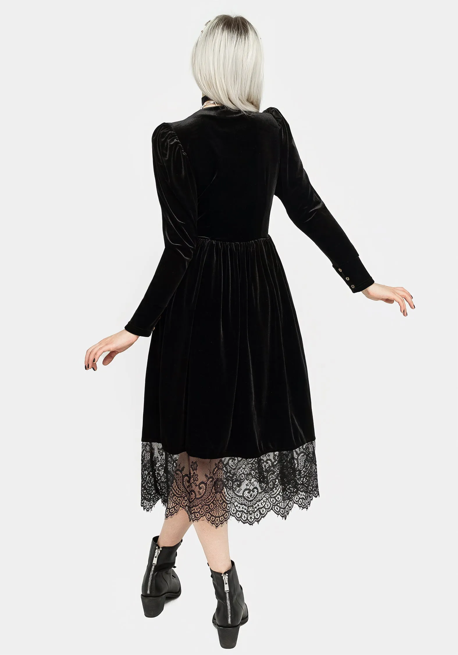 Comfort Layer Mausoleum Velour Mutton Sleeve Midi Dress