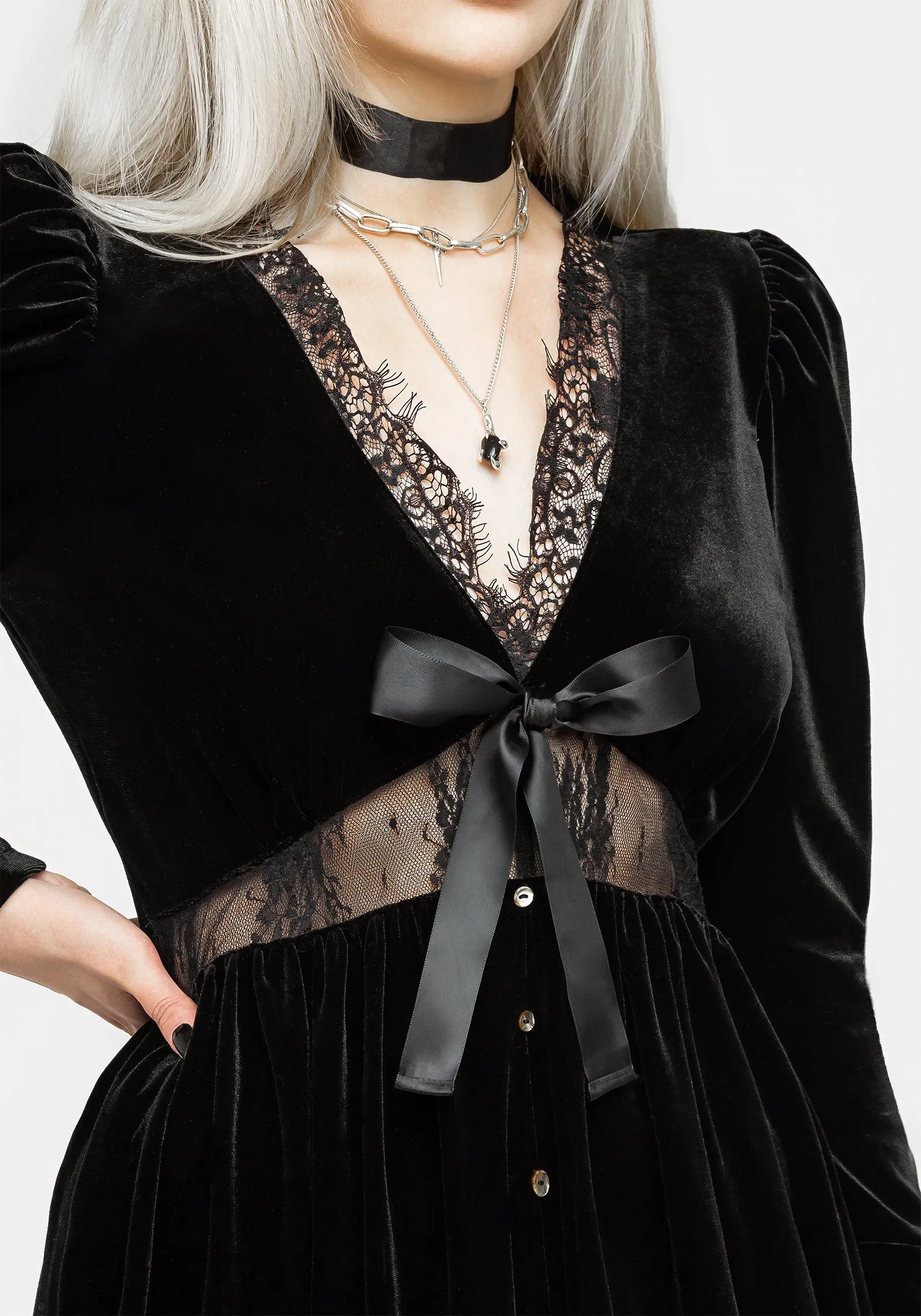 Boho Tone Mausoleum Velour Mutton Sleeve Midi Dress