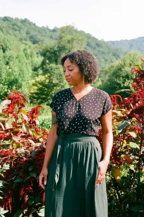 Natural Fiber Blend Maxi Wrap Skirt in Emerald Crepe