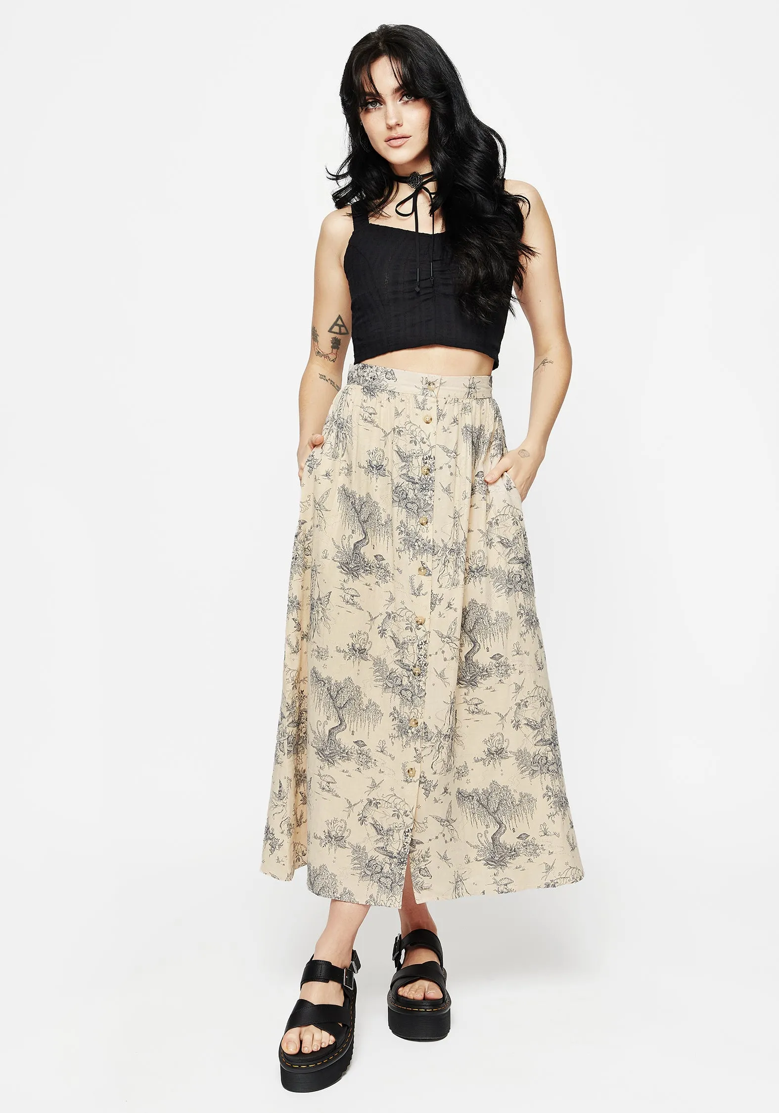 Maypole Cotton Print Button Up Midaxi Skirt Pleated Construction Lightweight