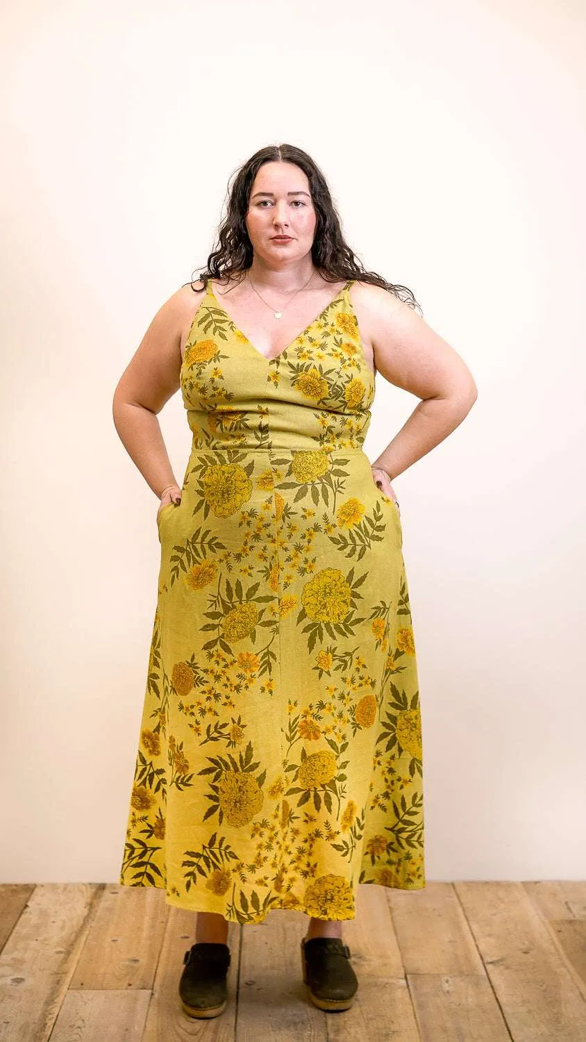 Stylish Line Meadow Dress in Mustard Marigold Linen