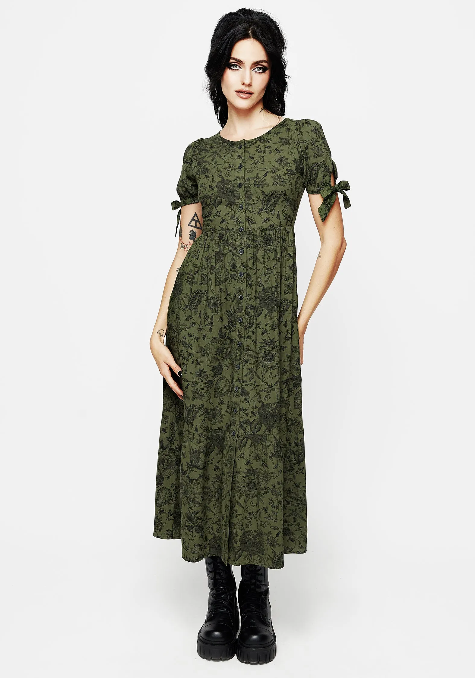 Stone Glow Desert Path Meadowflowers Floral Print Button Up Tiered Midaxi Dress