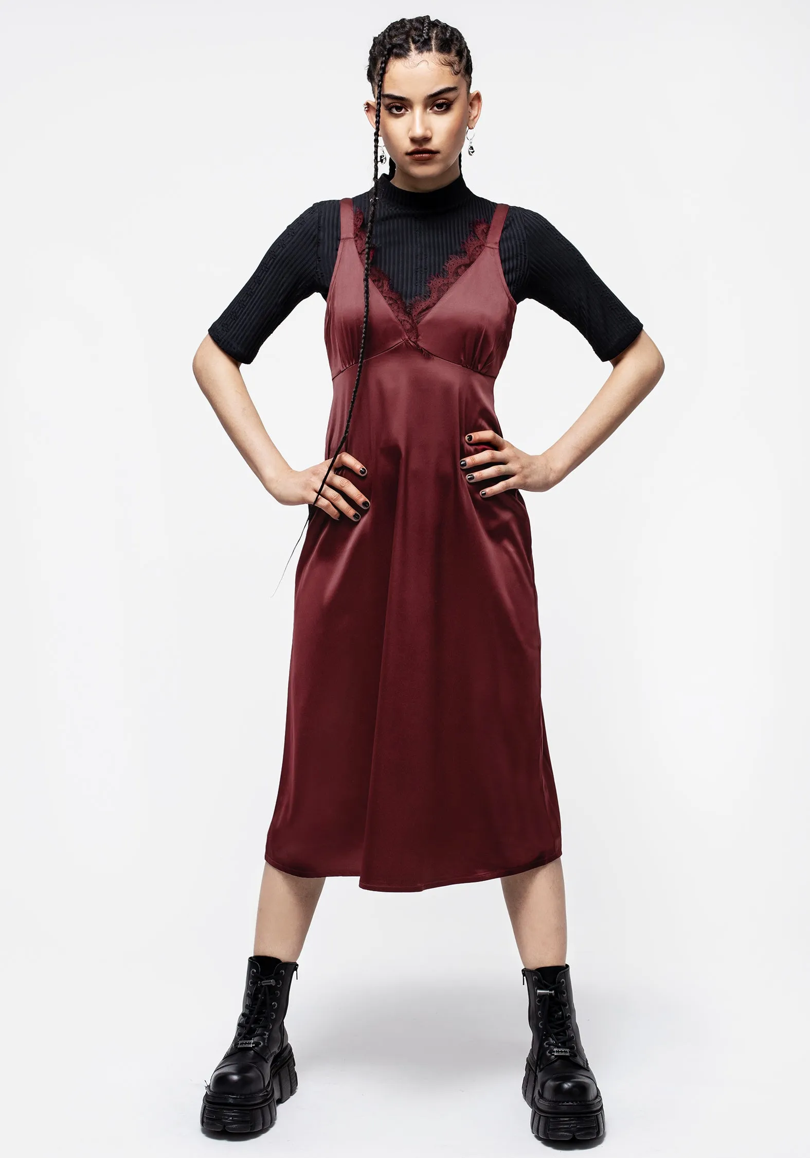 Inner Smile Medeina Lace Trim Satin Midi Slip Dress - Red