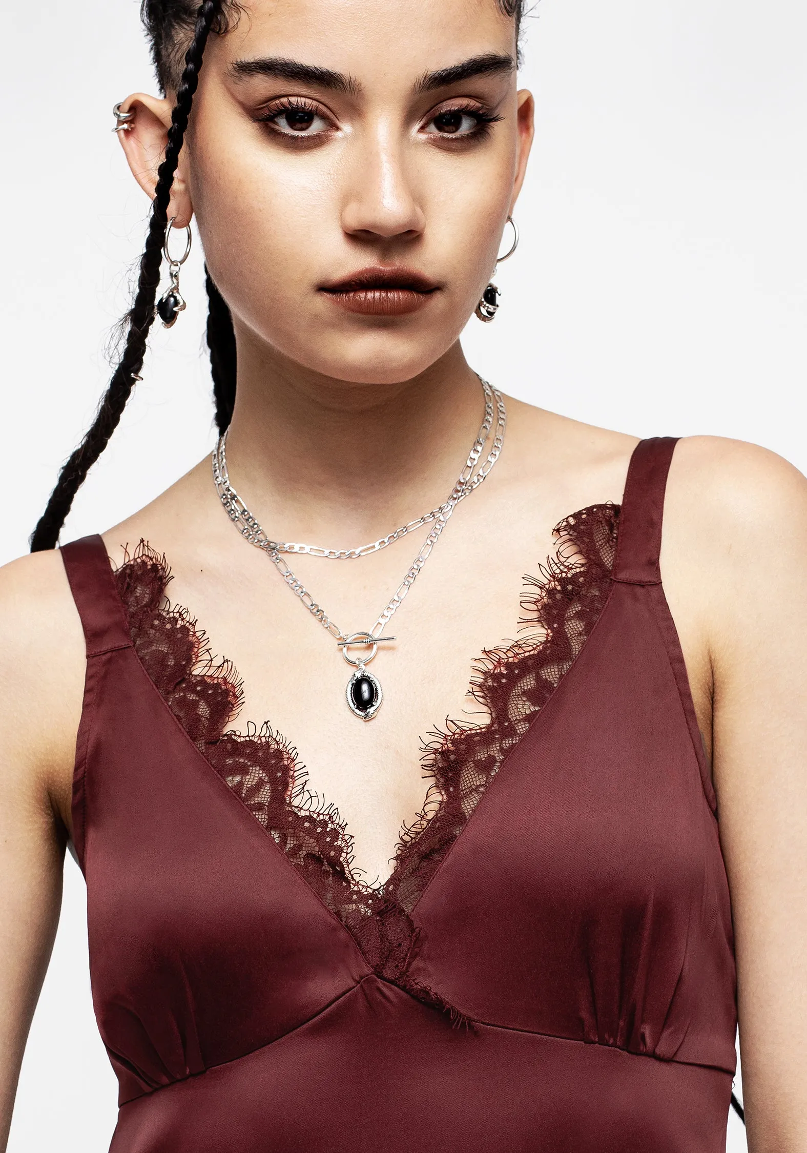 Medeina Lace Trim Satin Midi Slip Dress - Red Stylish Pick Back Glow