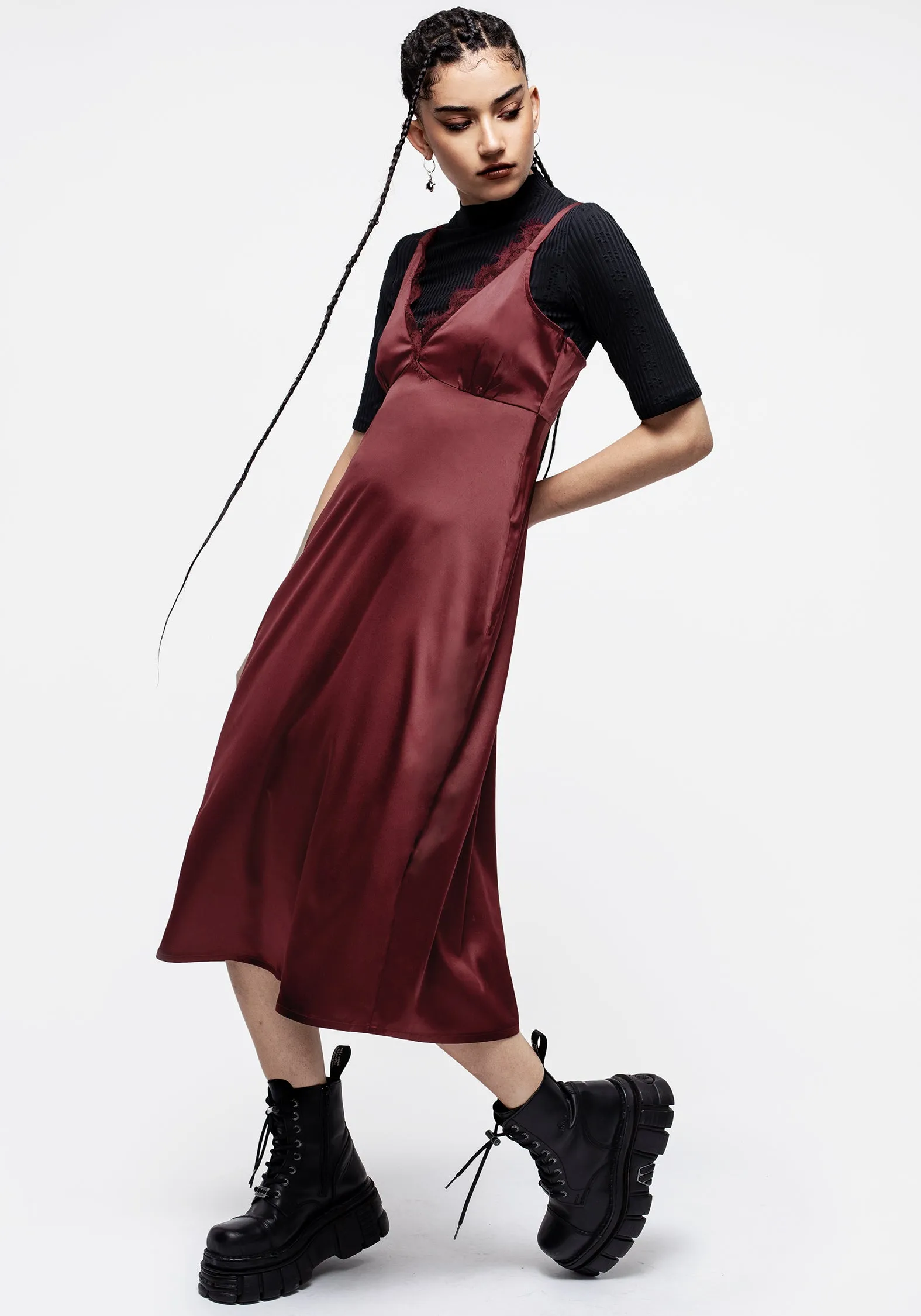 Urban Style Side Slit Medeina Lace Trim Satin Midi Slip Dress - Red