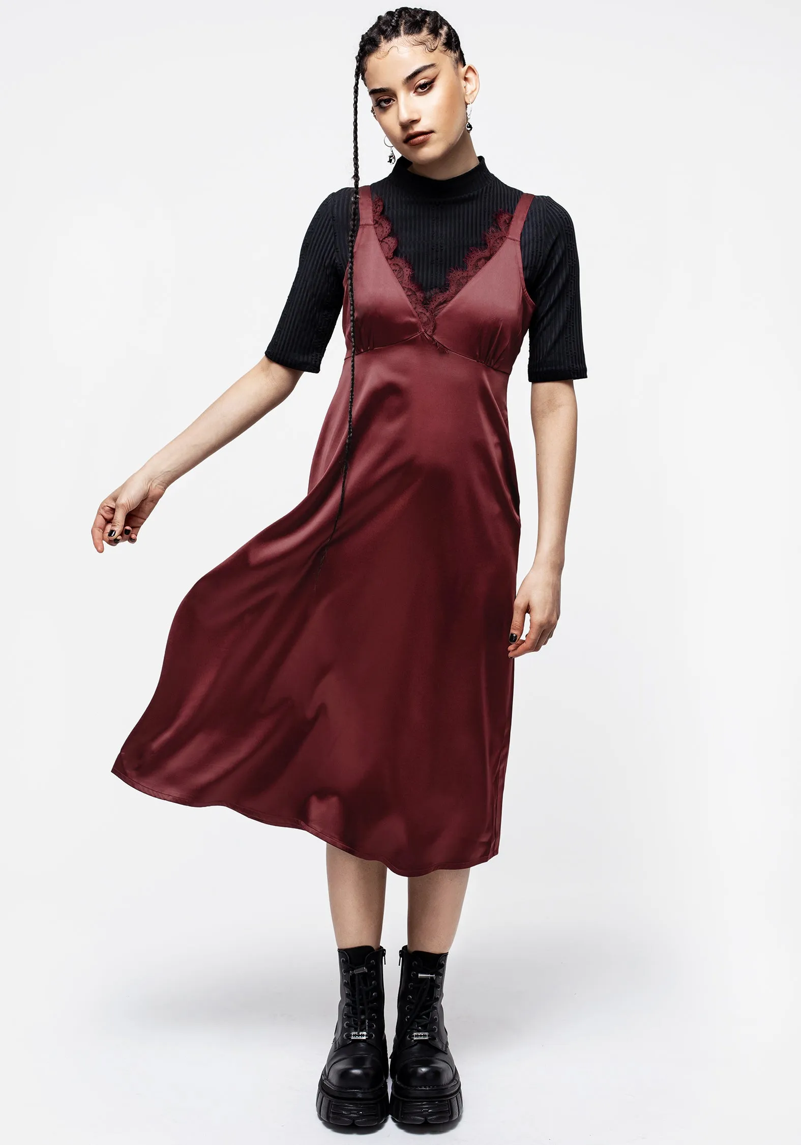 Medeina Lace Trim Satin Midi Slip Dress - Red Smooth Finish Light Shape