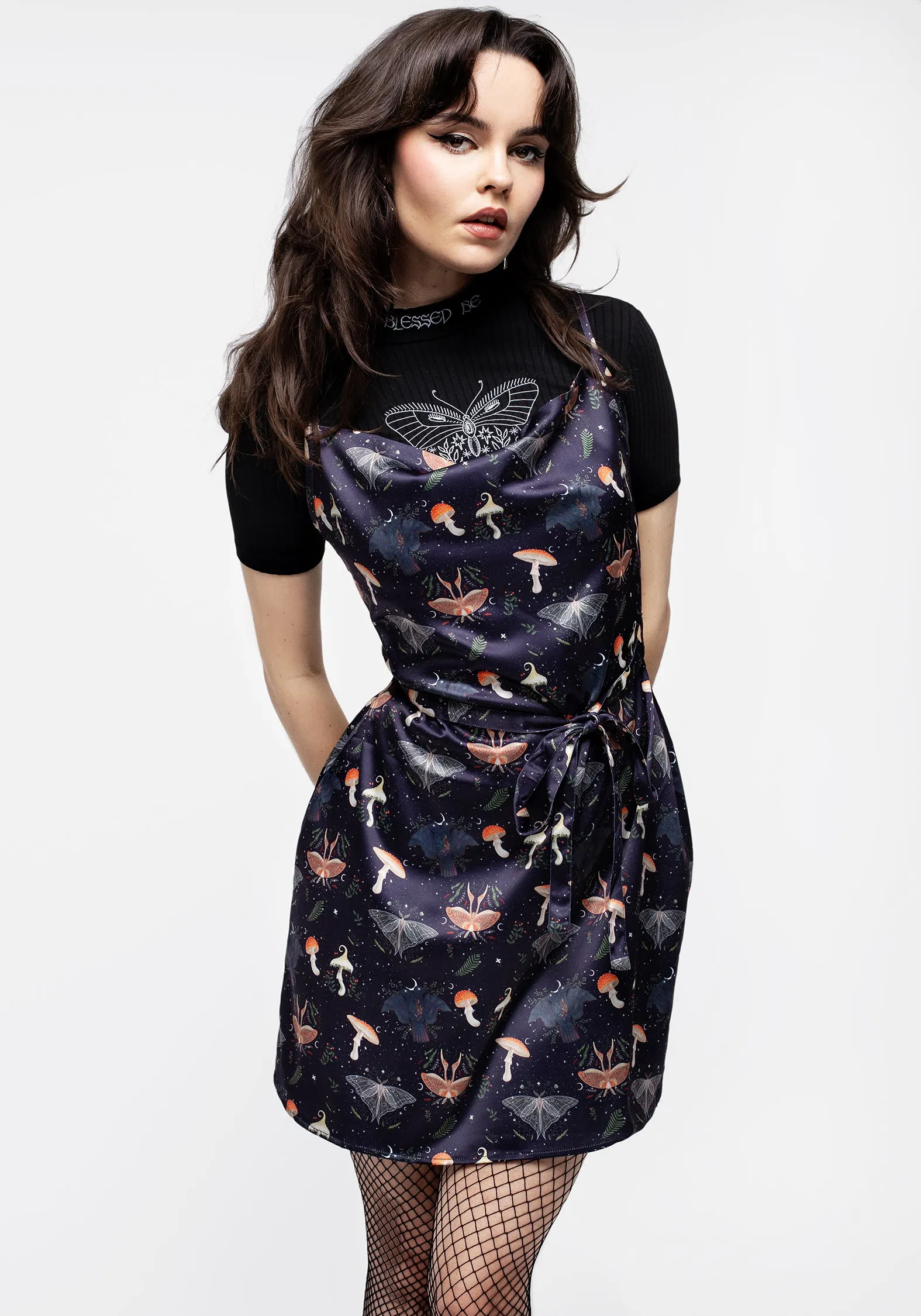 Daily Chic Medeina Print Cowl Neck Belted Satin Mini Dress