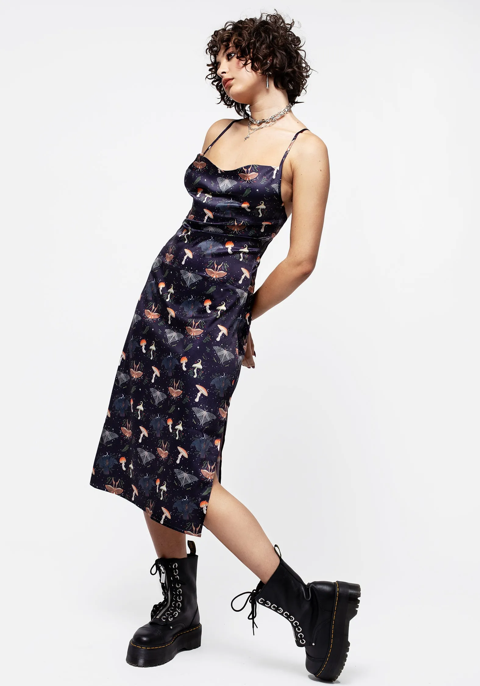 Medeina Print Cowl Neck Satin Midi Slip Dress Chic Appeal FoldablePackaging