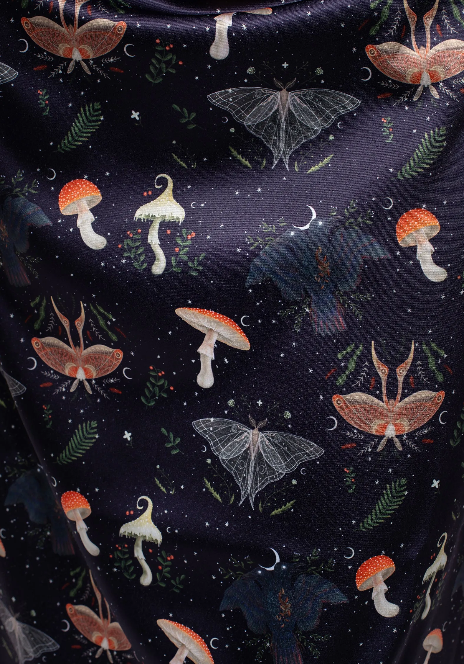 Medeina Print Cowl Neck Satin Midi Slip Dress Lightweight Fit Form Fitting