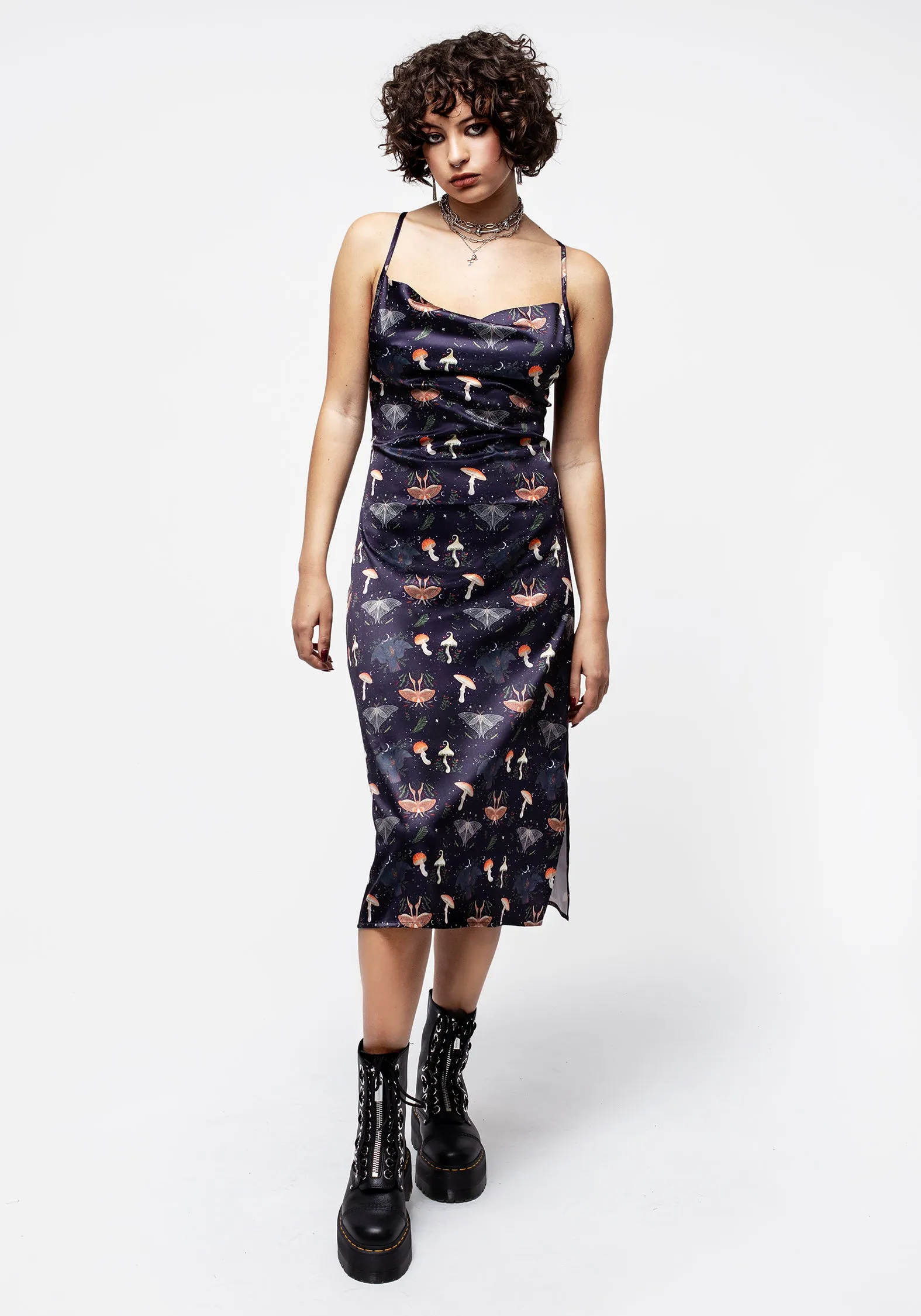 Night Out Medeina Print Cowl Neck Satin Midi Slip Dress