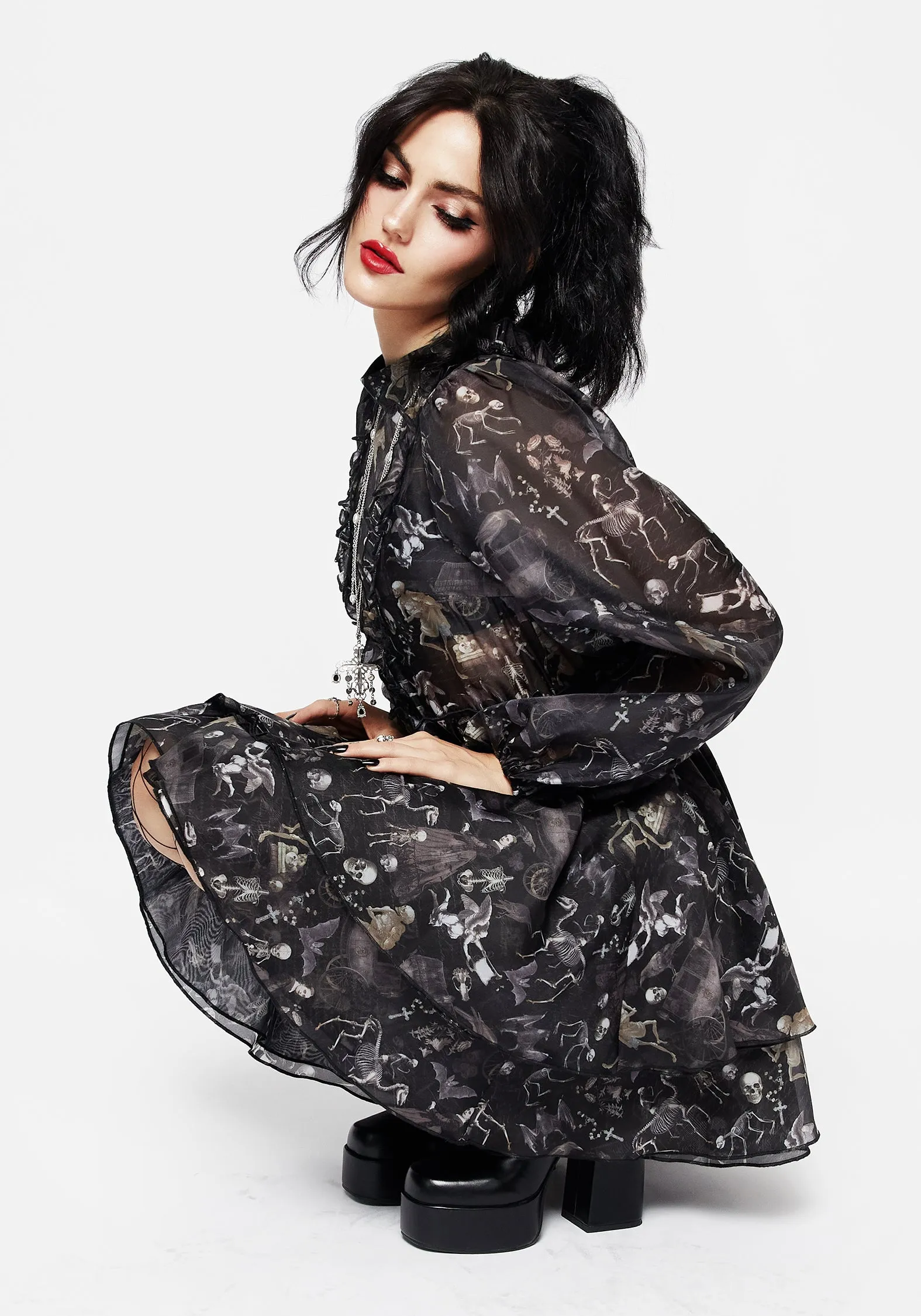 Melancholia Frill Yoke Layered Organza Mini Dress Printed-Lining Relaxed Layers