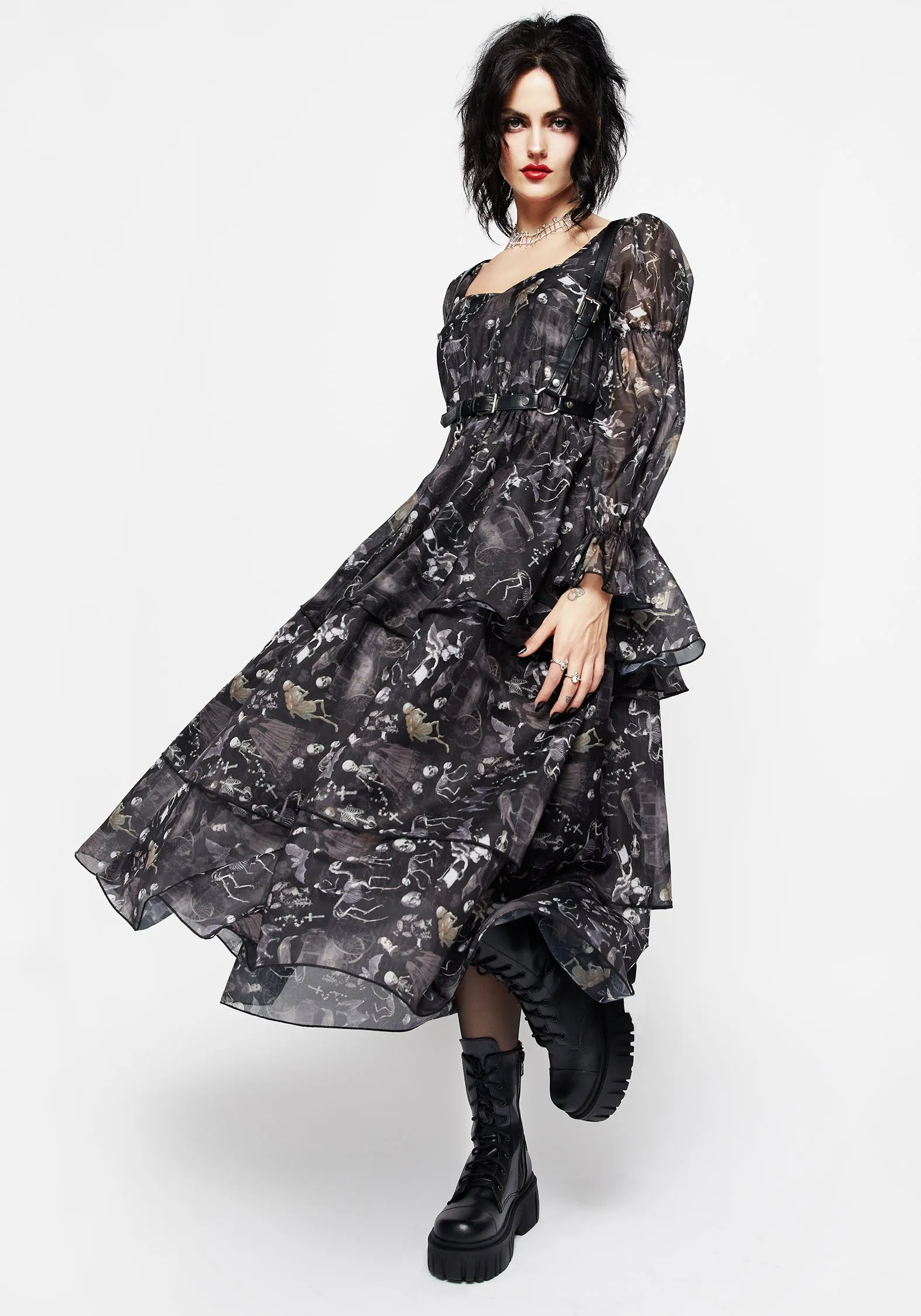 Melancholia Virago Puff Sleeve Layered Organza Midaxi Dress Transitional Style