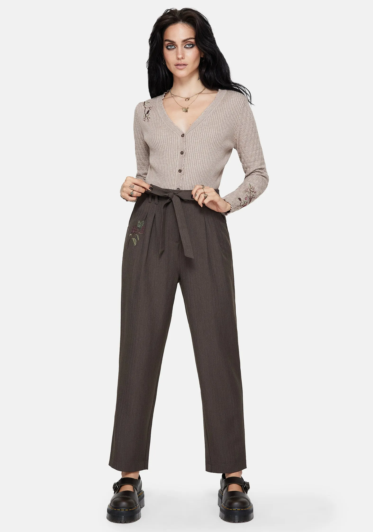 Two Tone Trim Meliae Moth Embroidered Tapered Trousers