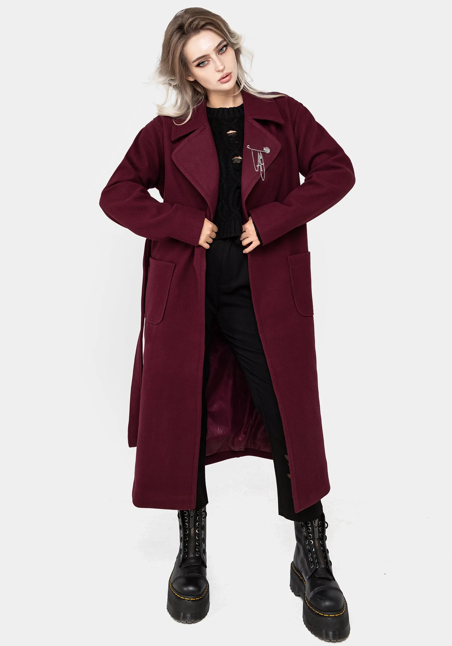 Meltdown Oversized Coat with Brooch - Red Stretchable Cuffs