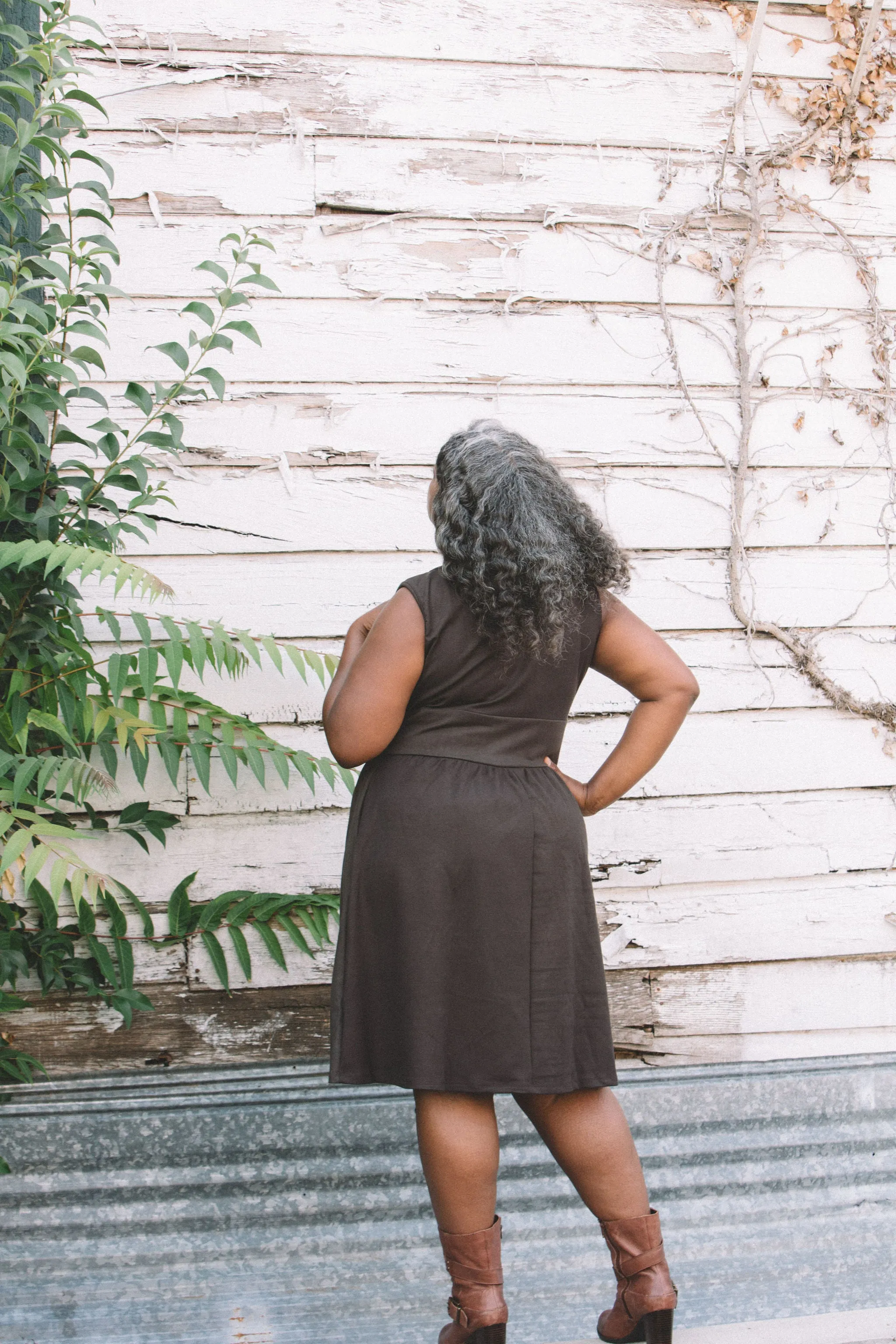 Mere Dress in Dark Brown Ponte Soft Vibes Flowing Lines