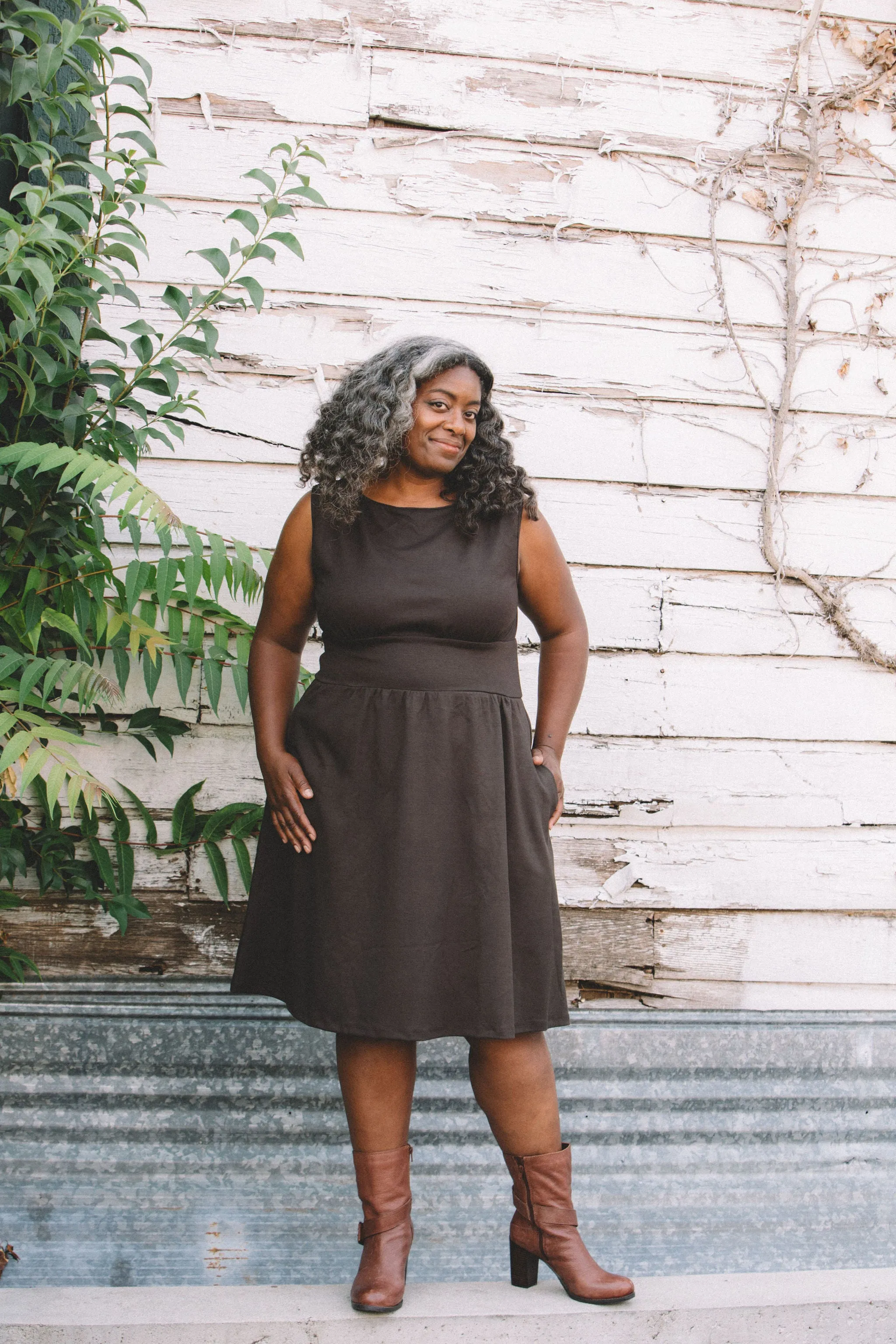 Mere Dress in Dark Brown Ponte Fashionable Layers Floral Pattern