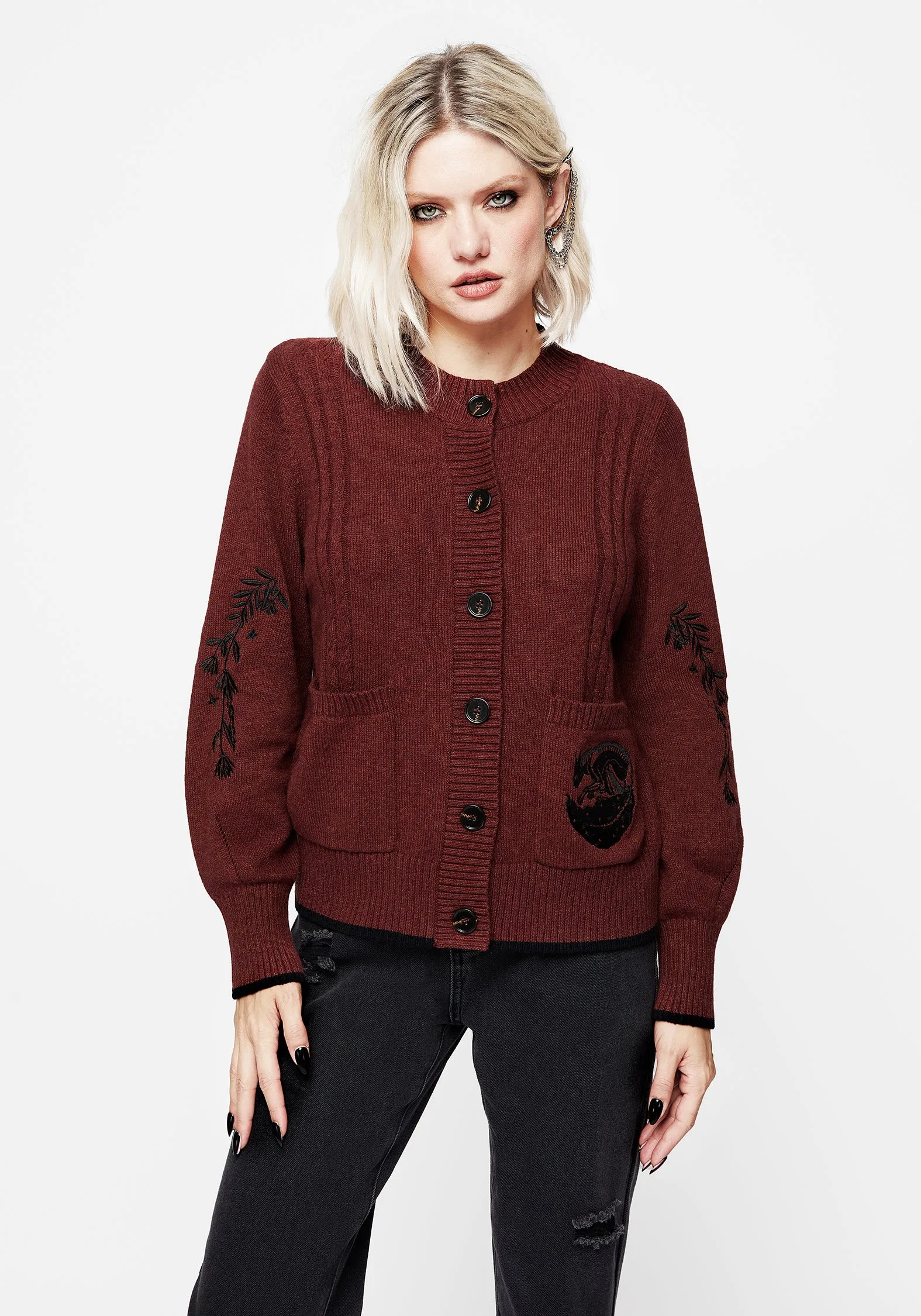Autumn Layer WrinkleResistant Knit Structure Foxfire Embroidered Cable Knit Cardigan