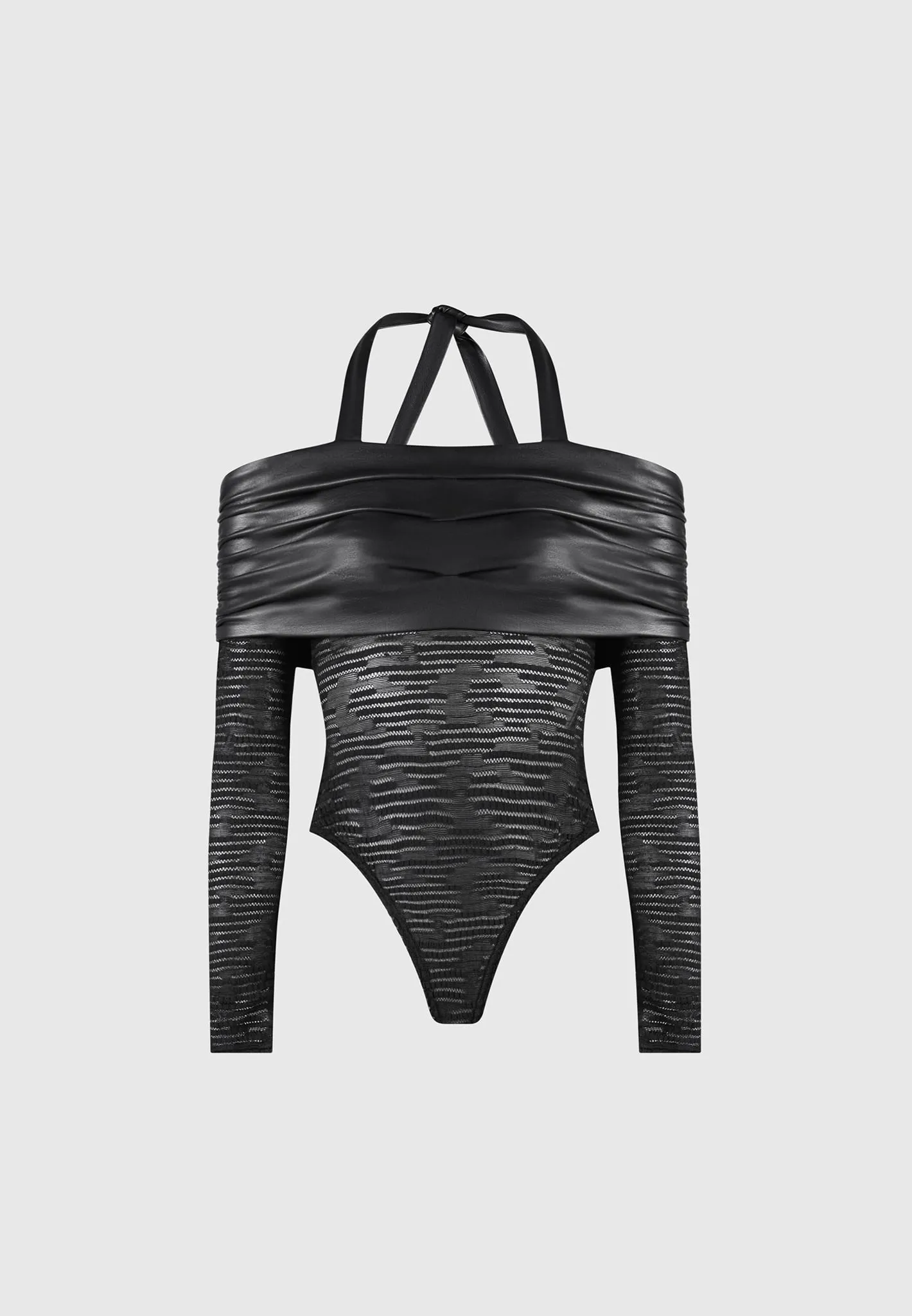Mesh and Leather Bardot Bodysuit - Black Versatile Layering