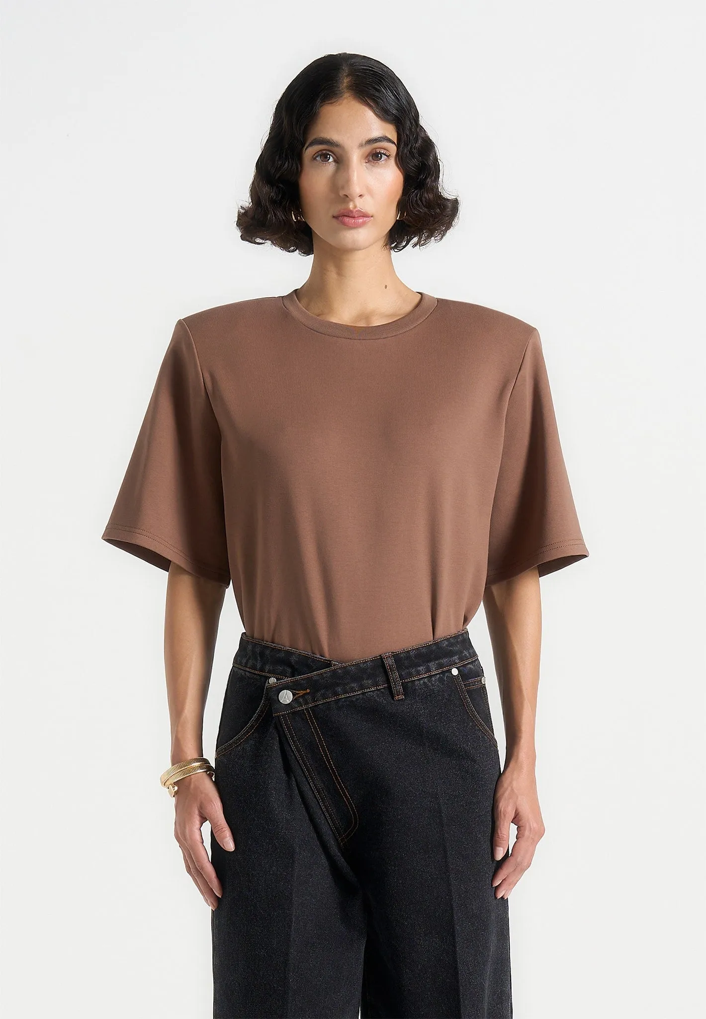 Mia - Wide Shoulder Bodysuit T-Shirt - Brown Smart Comfort Soft and Relaxed